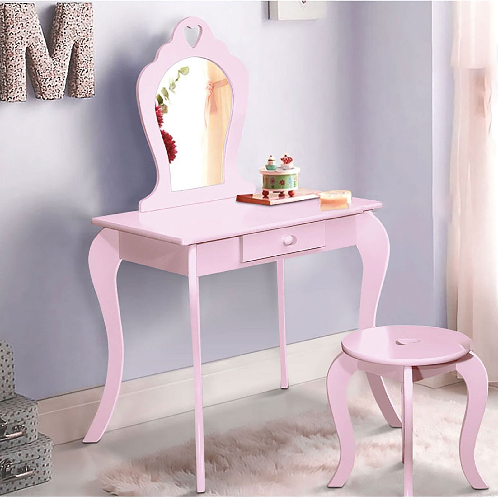 Keezi Kids Dressing Table and Stool Set with Vanity Mirror - Pink Princess Makeup Play Set for Girls - Perfect for Pretend Play, Birthday Gifts & Bedroom Decor