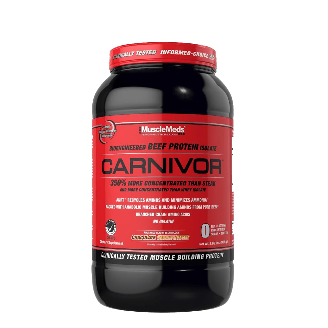 MuscleMeds Carnivor Beef Protein Isolate Powder - 23g Protein, 0 Fat, 0 Sugar, 0 Cholesterol, Lactose Free, Chocolate Peanut Butter Flavor, 2.2lb (28 Servings) - Post Workout Recovery & Muscle Building Supplement for Athletes & Fitness Enthusiasts