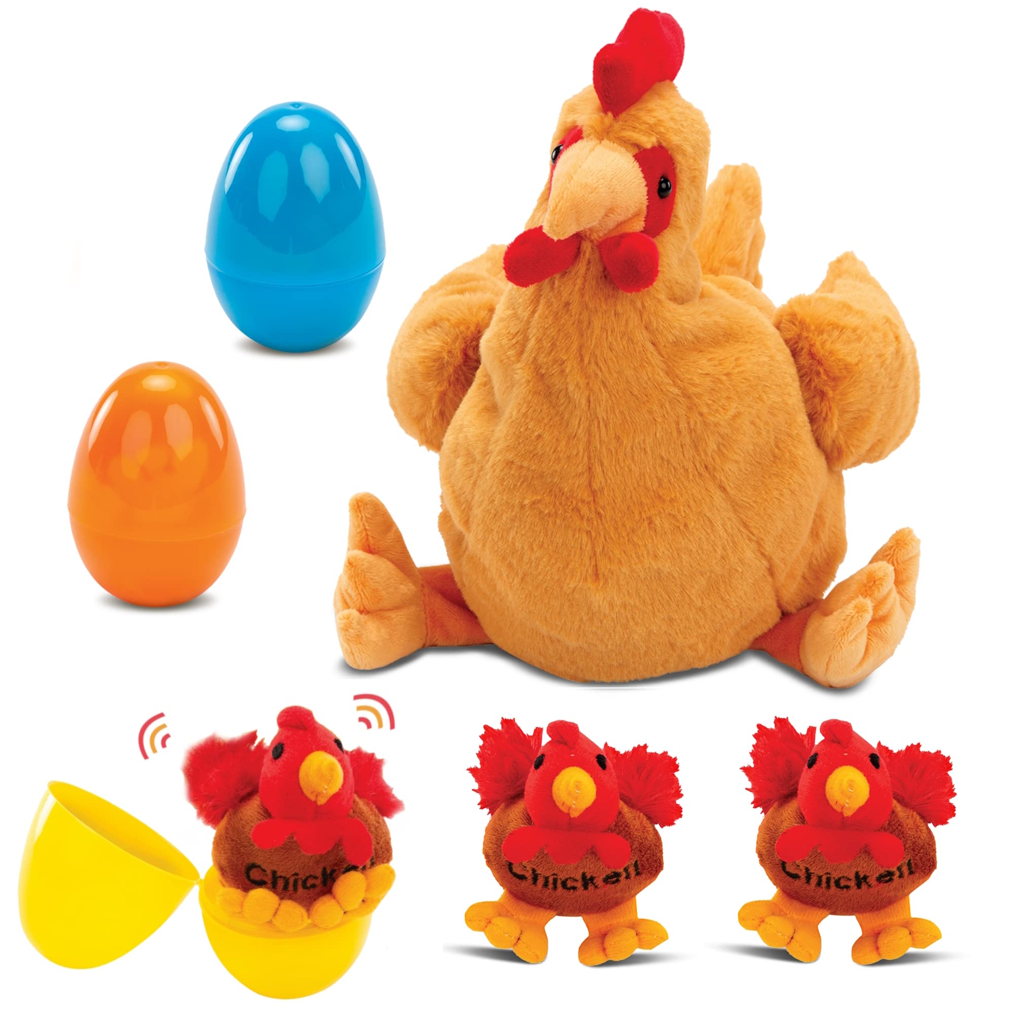 Soft Plush Mother Hen & Baby Chicks Playset with 3 Colorful Eggs, Sound Effects & Storage Pouch - Interactive Animal Toy for Kids' Pretend Play, Easter Gifts & Nursery Decor