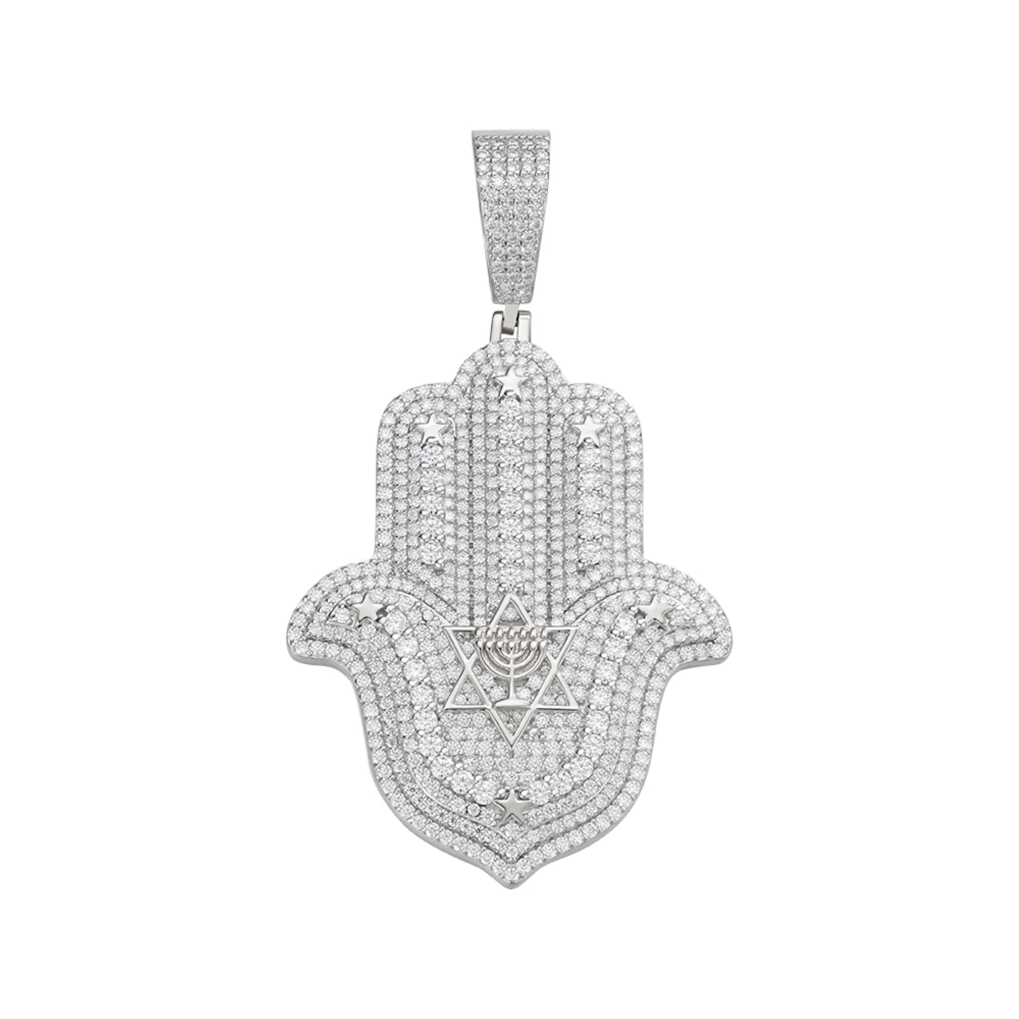 Stunning Sterling Silver Round Moissanite Hamza Hand Religious Pendant Necklace - 4 5/8 Cttw - Perfect for Spiritual Protection & Elegant Everyday Wear