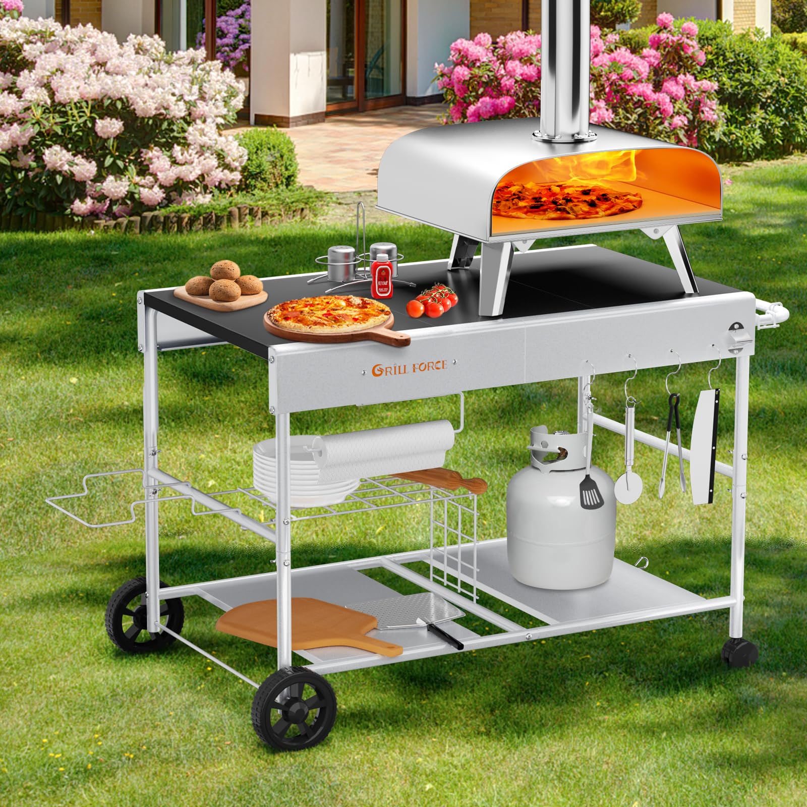 Portable Outdoor Pizza Oven Table for Ooni, Ninja Woodfire & Blackstone - Heavy Duty Grill Cart with Food Prep Space - Movable BBQ Island for Backyard, Patio & Camping Cooking | Perfect for Outdoor Entertaining & Pizza Parties