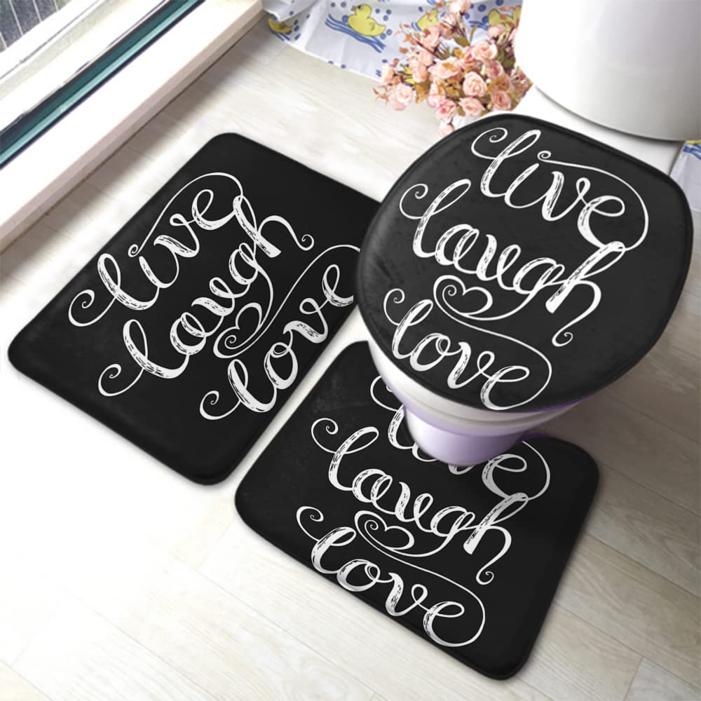 Zaueky Live Laugh Love 3-Piece Bathroom Rug Set - Non-Slip Black & White Word Art Bath Mat with Rubber Backing, U-Shaped Contour Rug & Toilet Lid Cover - Soft & Absorbent for Bathroom Safety & Decor