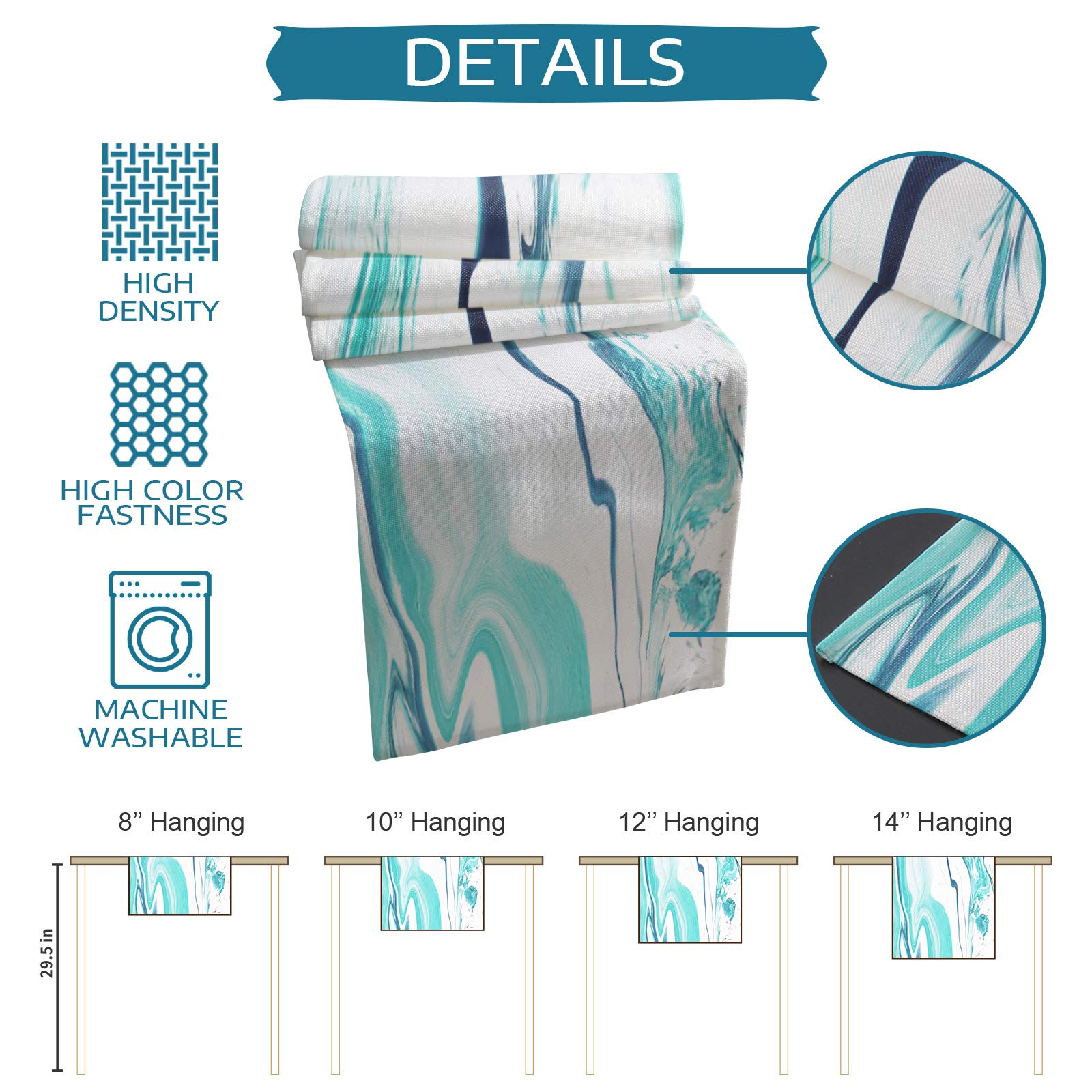 90 Inch Burlap Linen Table Runner - Water Ripple Blur Design, Teal Turquoise Farmhouse Decor for Kitchen, Dining Table, Dresser | Perfect for Wedding, Banquet, Coffee Table & Party Decorations