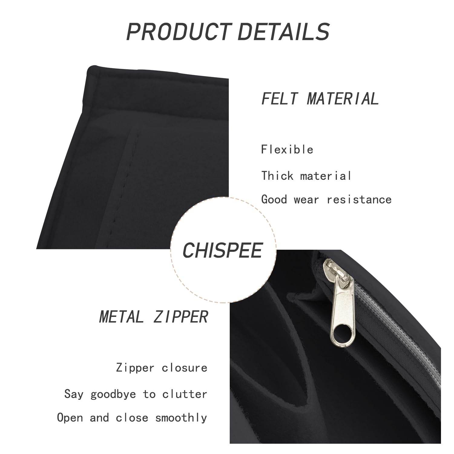 Chispee Felt Purse Organizer Insert - Luxury Handbag Organizer for Longchamp Bags with Divider Pockets & Zipper | Fits Large Tote Bags | Black | Perfect for Travel, Work & Daily Organization