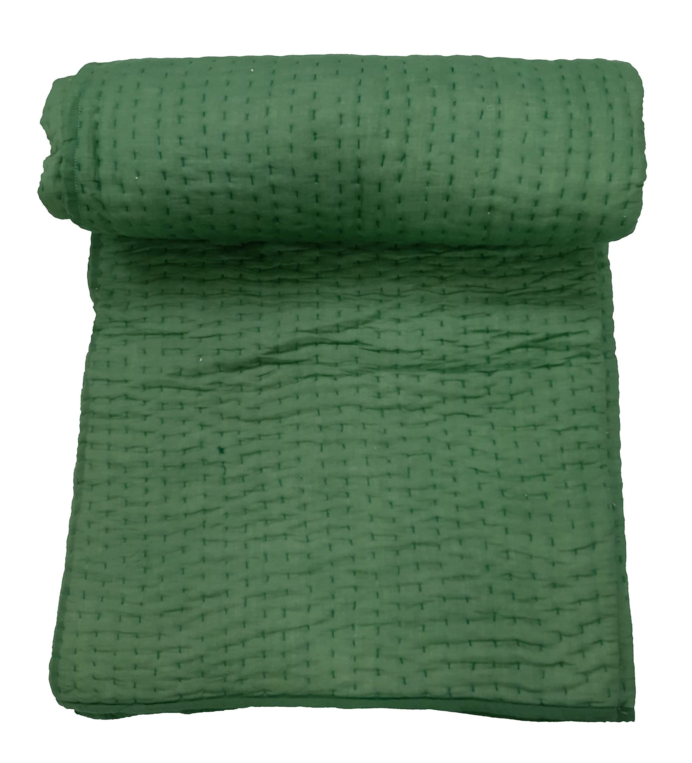 ENEVER Handmade Cotton Kantha Quilt - Reversible Solid Green Throw Blanket, 108 x 108 Inches - Perfect for Bed, Sofa & Boho Home Decor