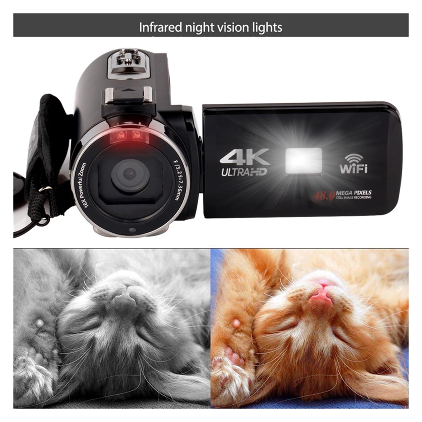 4K Professional Video Camera 56MP WiFi Vlog Camcorder with IR Night Vision & Stabilizer - Perfect for YouTube Streaming, Live Webcam & Night Recording (Includes 128GB SD Card, Black Set)