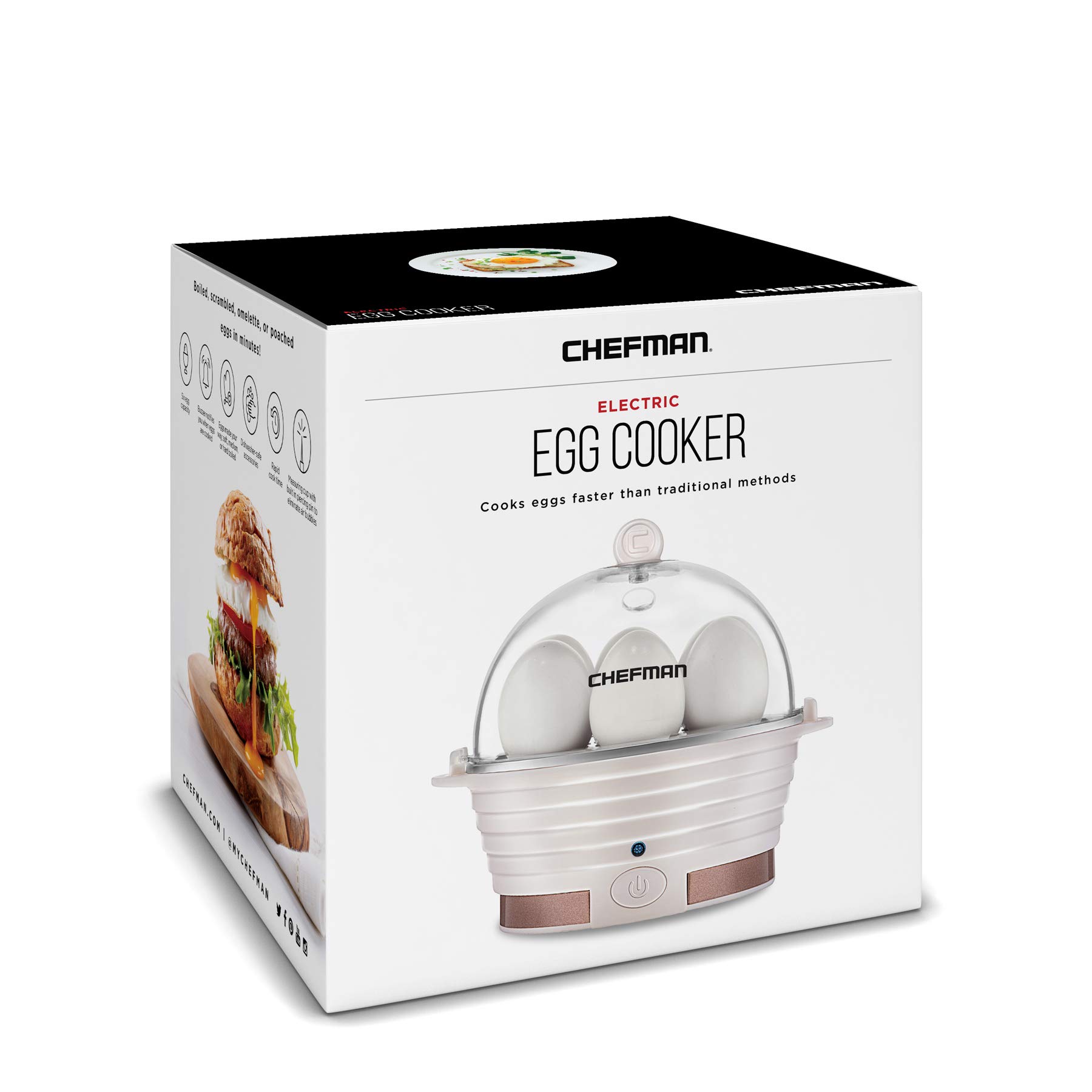 Chefman Electric Egg Cooker & Steamer - 6 Egg Capacity for Hard, Medium, Soft Boiled Eggs & Poached Eggs - Includes Omelet Tray & Ready Signal - BPA-Free Ivory Appliance - Perfect for Breakfast Meal Prep & Healthy Cooking