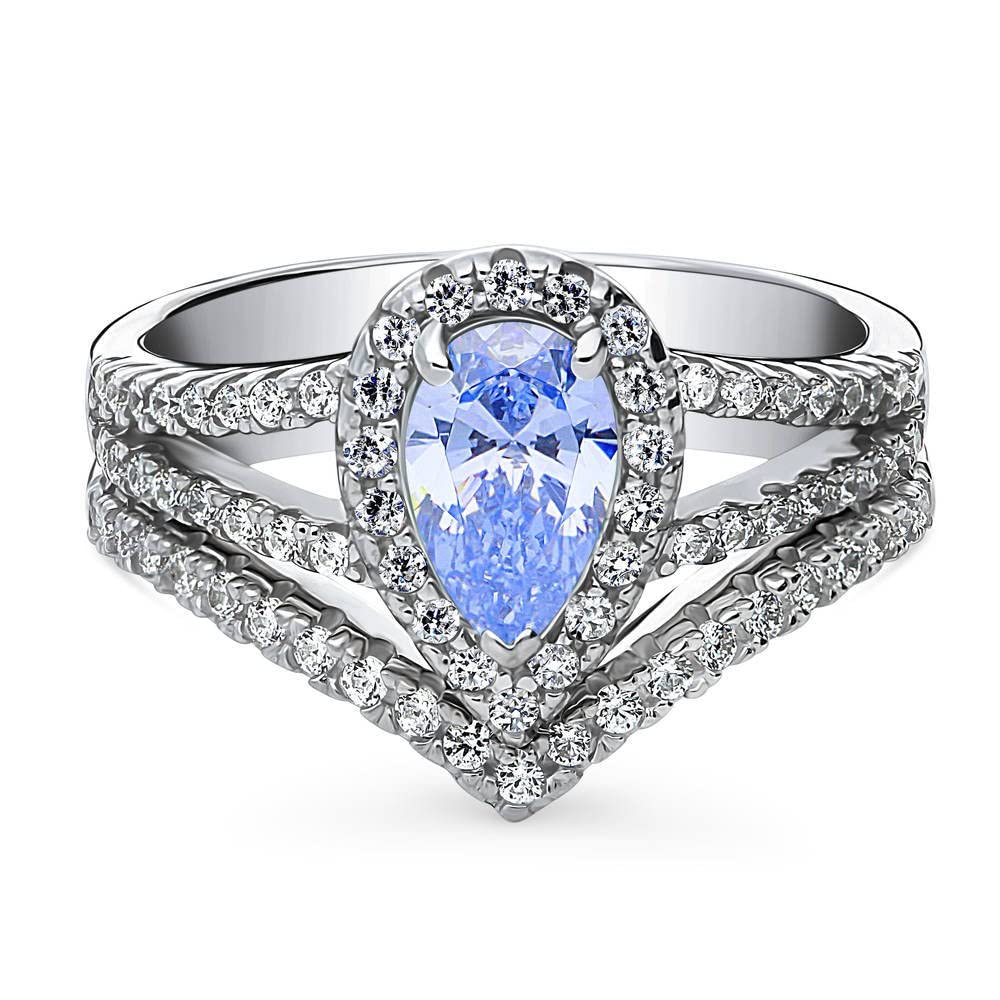 Sterling Silver Blue Pear Cut Cubic Zirconia Halo Engagement Ring Set for Women - Rhodium Plated Wedding Band, Size 4-10 - Perfect for Proposals, Anniversaries & Bridal Jewelry