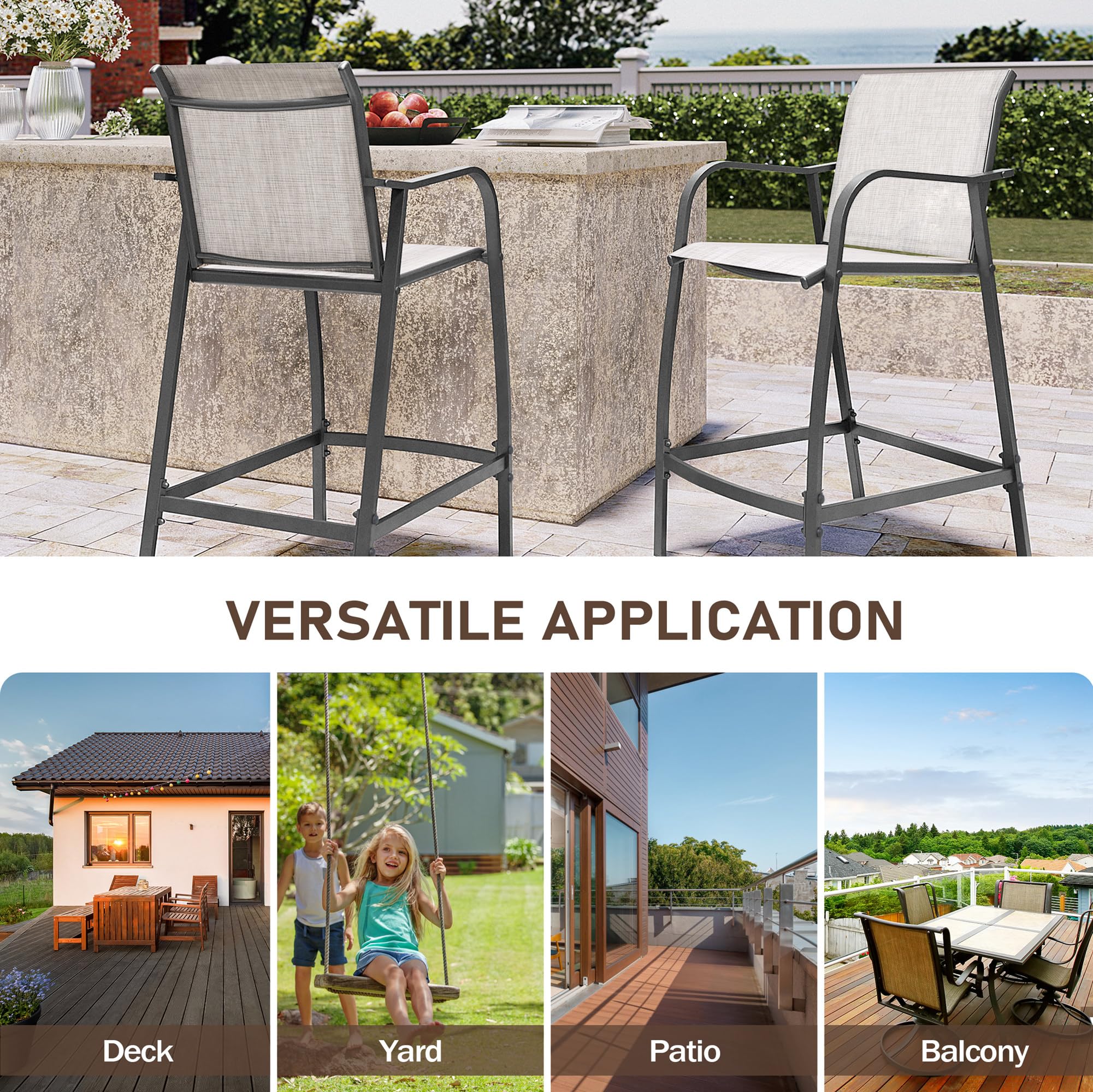 Outdoor Metal Bar Stools Set of 2 - Counter Height Patio Chairs with Textilene Seat, Armrest & Footrest - Light Grey Steel Bar Stools for Backyard, Deck, Poolside & Outdoor Entertaining