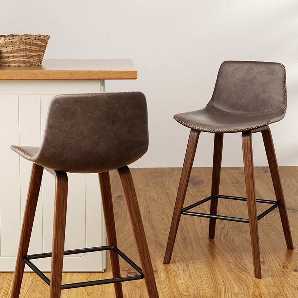 Premium Leather & Wooden Bar Stools Set of 2 - Adjustable Height Kitchen Counter Stools for Breakfast Nook, Home Bar & Dining Area