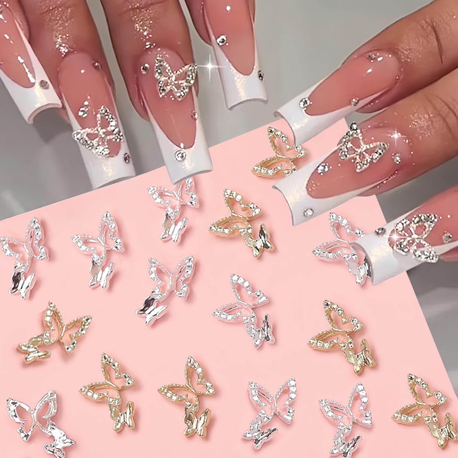 20Pcs 3D Alloy Butterfly Nail Charms - Shiny Gold & Silver Metal Crystal Rhinestones for Acrylic Nails, DIY Nail Art Decorations - Perfect for Bridal, Party, and Festival Nail Designs