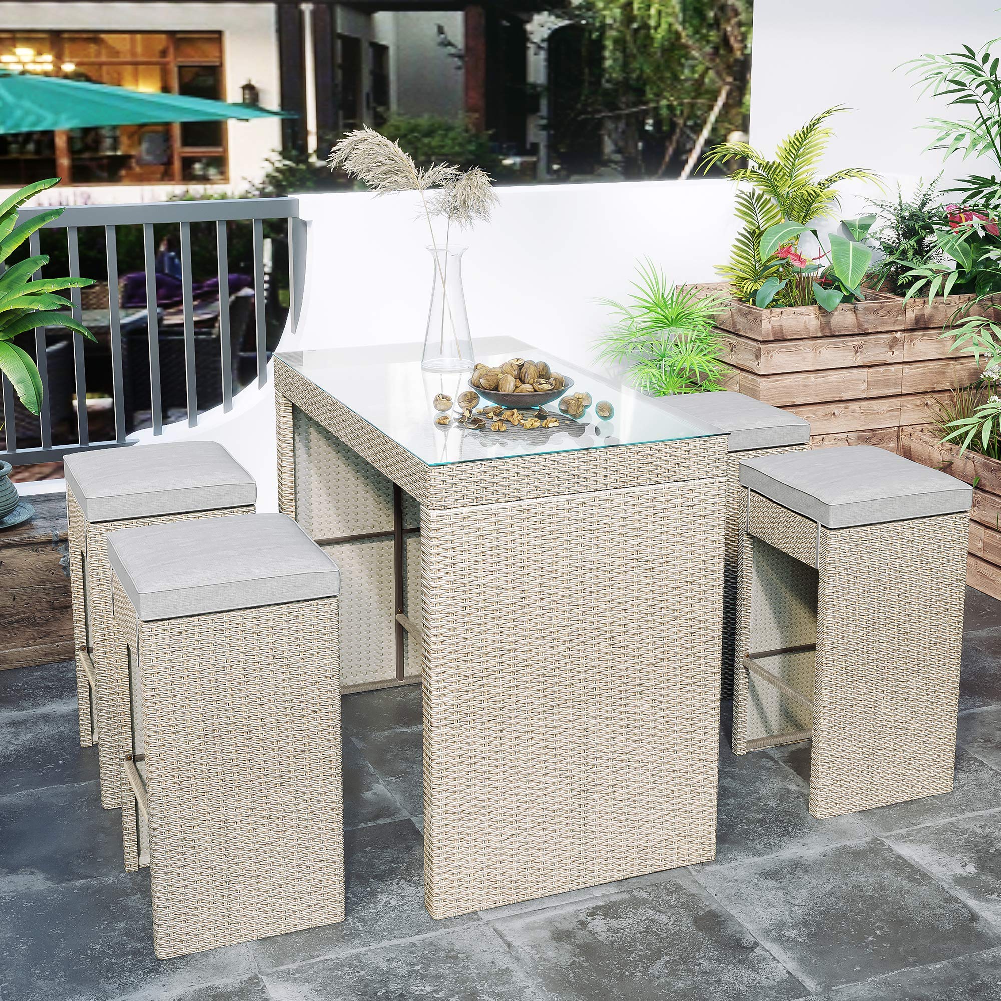 5-Piece Gray Rattan Outdoor Patio Furniture Set with Cushions - Wicker Dining Sofa Chairs & Bar Table with 4 Stools for Balcony, Porch, Garden, Backyard (Perfect for Outdoor Entertaining & Relaxation)