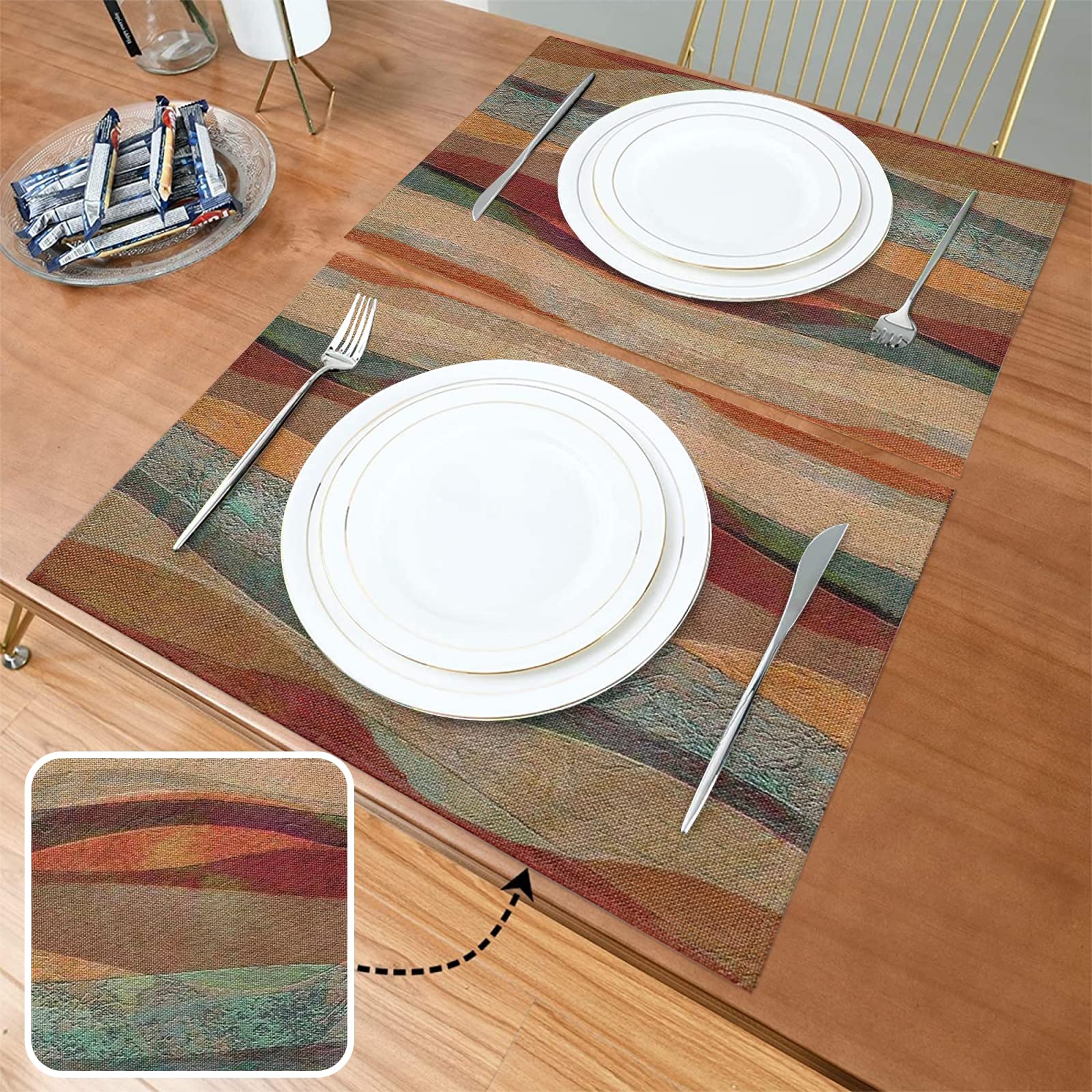 6-Piece Southwest Arizona Travertine Sandstone Placemats Set - Non-Slip, Heat Resistant, Washable Linen Table Mats with Turquoise Stripes for Farmhouse Kitchen Decor | Perfect for Holiday Parties, Dining Tables & Home Entertaining