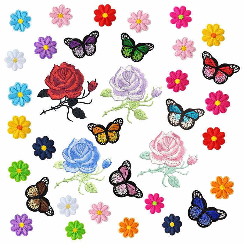 RETON 72 Pcs Embroidered Iron-On Patches for Clothing - Butterfly, Flower, Bee, Rose & Daisy Applique Patches for Jackets, Jeans & Backpacks | DIY Fashion Customization & Outfit Personalization
