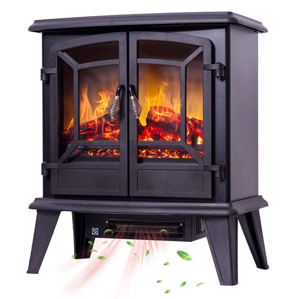 2-Door Portable Electric Fireplace with Realistic LED Wood Fire Flame Effect - Adjustable Temperature & Overheating Protection - Black - Perfect for Living Room, Bedroom, Office & Outdoor Spaces