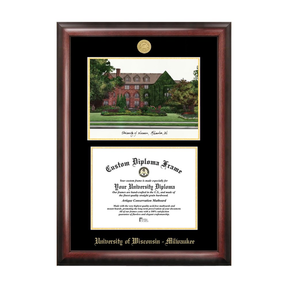 University of Wisconsin Milwaukee Diploma Frame - Gold Embossed Graduation Display with Campus Images Lithograph - Perfect for Home Office Decor & Alumni Gifts
