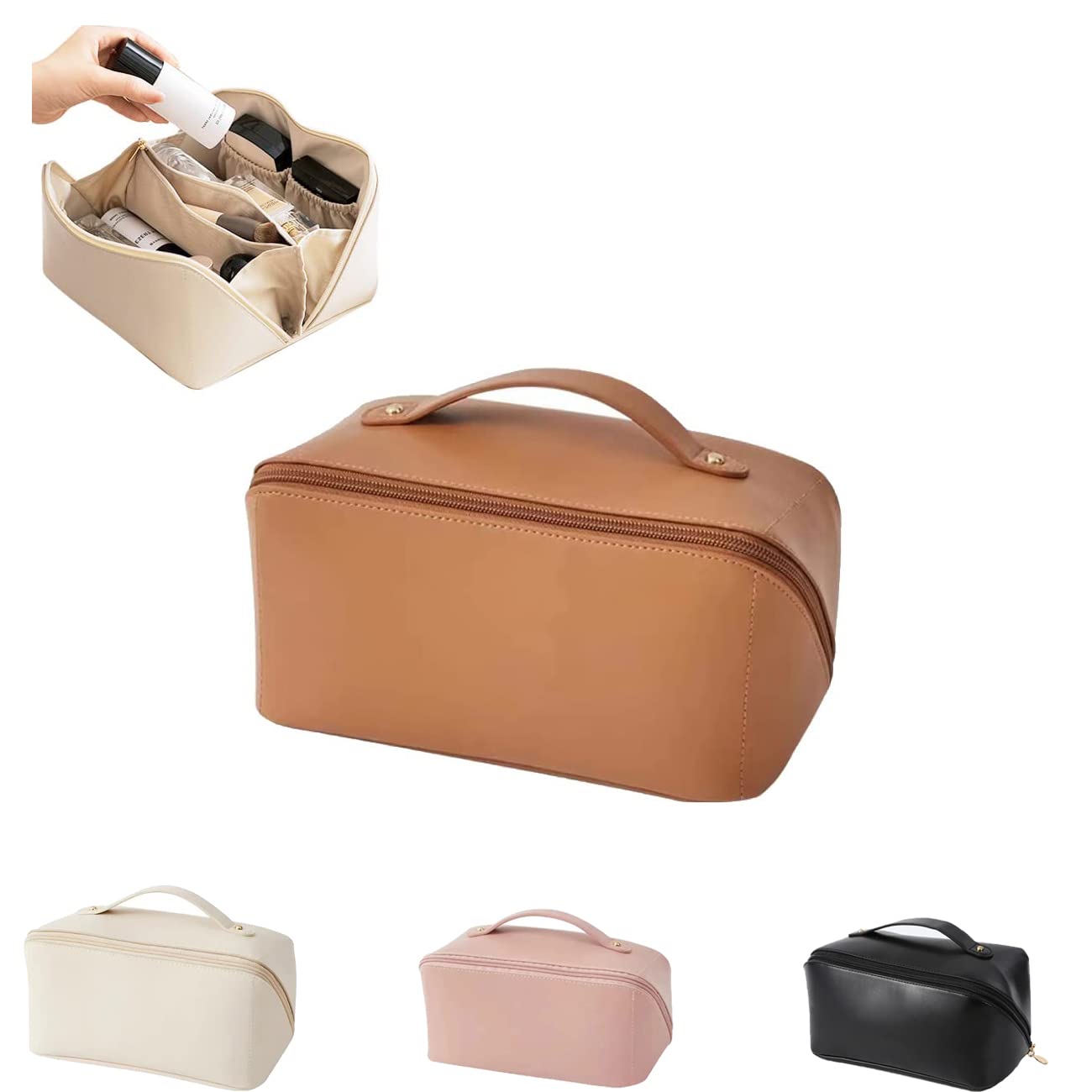 Large Capacity Water-Resistant Travel Makeup Bag with Brush Slots & Dividers - Multi-Layer Cosmetic Organizer for Toiletries | Perfect for Vacation, Business Trips & Daily Use (Brown)