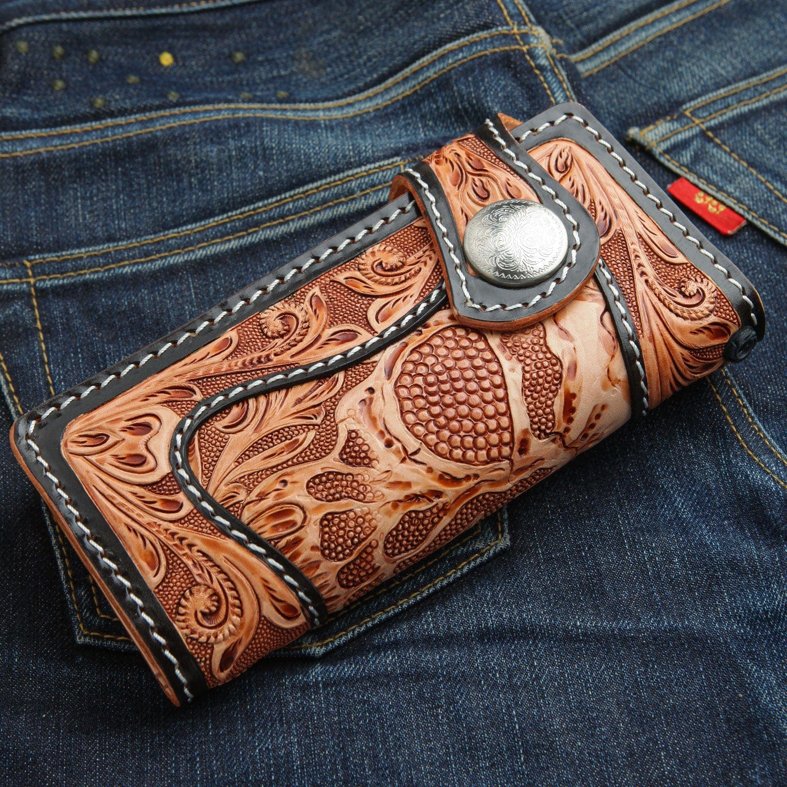 Genuine Cowhide Leather Biker Wallet for Men - Custom Beige & Light Brown | Stylish & Durable Men's Accessory for Motorcycle Riders & Everyday Use