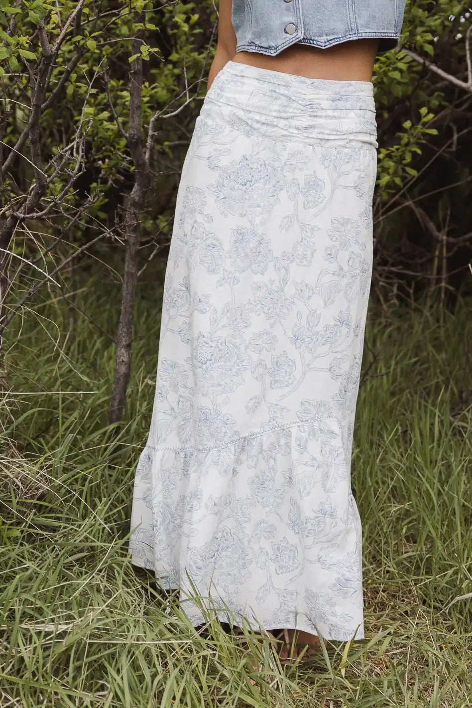 Bastien Blue Floral Skirt for Women - Elegant A-Line Midi Skirt with Pockets | Perfect for Spring, Summer, Office Wear & Casual Outings
