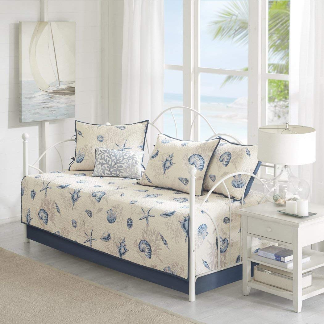 6-Piece Grey Blue Beach Theme Daybed Set - Nautical Coastal Tropical Ocean Bedding with Shells, Starfish & Coral Reefs Pattern, Includes Bedskirt & Pillows, 100% Polyester - Perfect for Coastal, Beach House & Vacation Home Decor