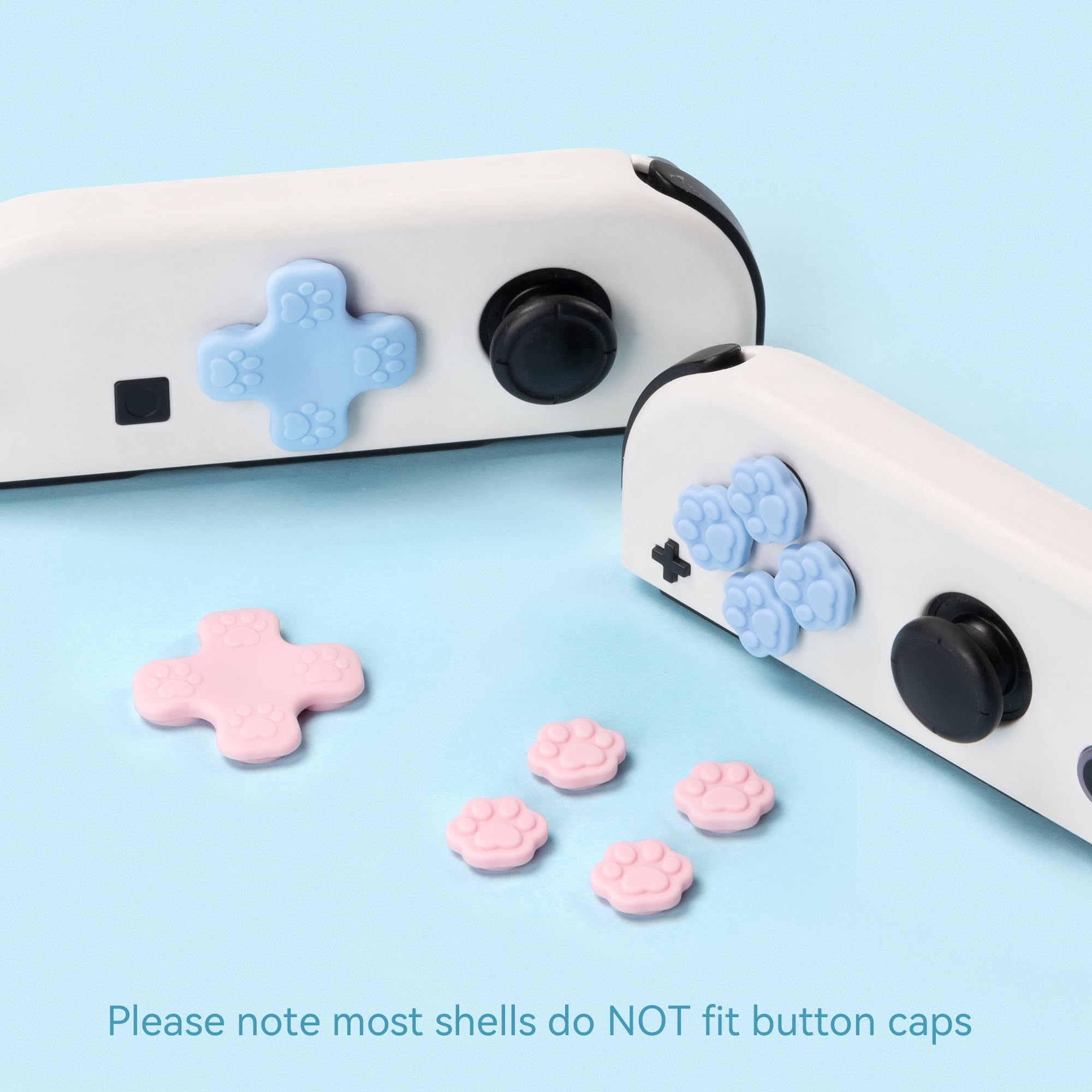 GeekShare Silicone ABXY Button Stickers, Cross D-Pad Keycaps Set, Cat Paw Joystick Cover - Compatible with Nintendo Switch/OLED Joy-Con - Pink & Blue - Gaming Accessories for Enhanced Comfort & Style