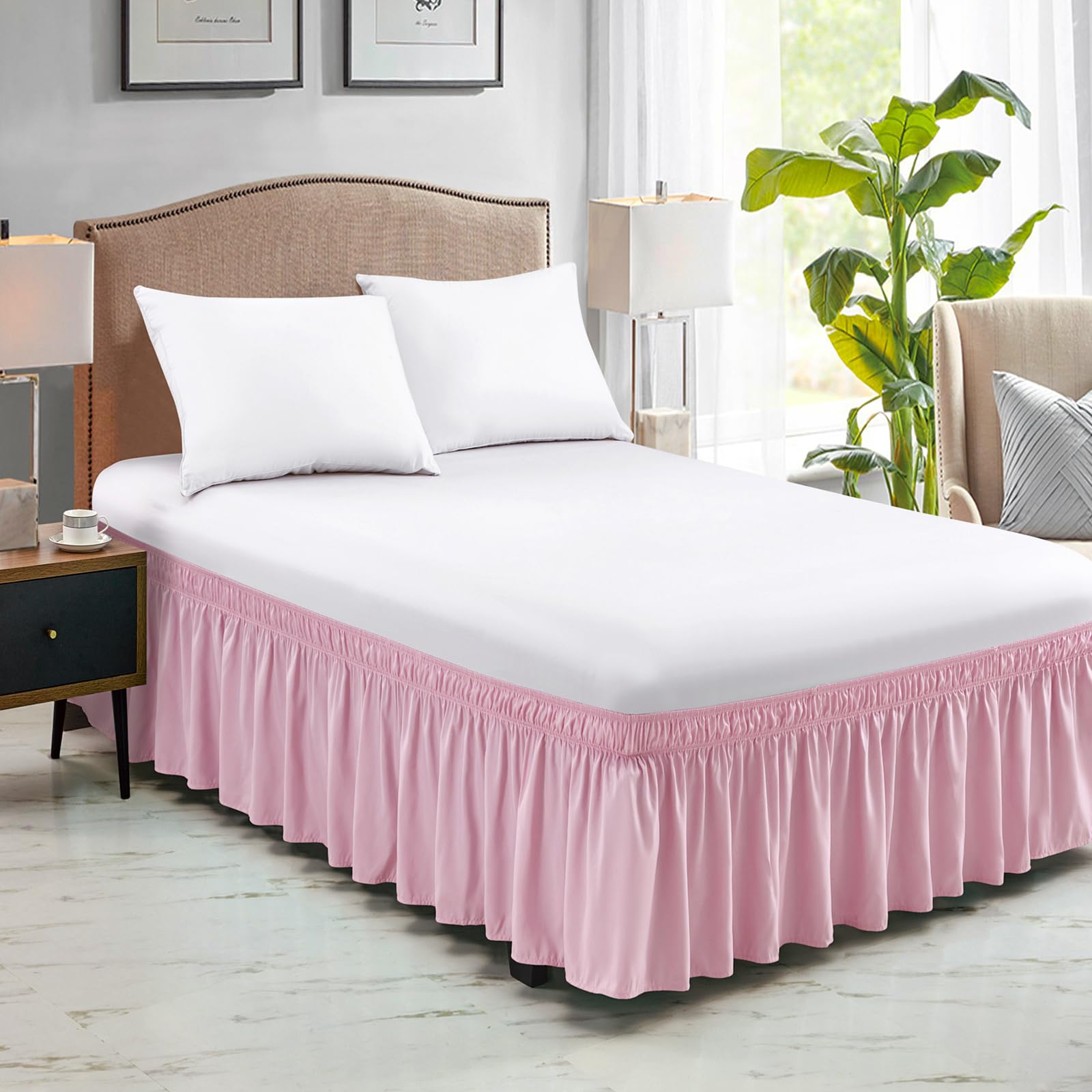 FreshCulture Full Bed Skirt - Elastic Wrap Around Dust Ruffle with 15-Inch Tailored Drop | Hotel Quality Bed Skirt for Full Size Beds | Perfect for Master Bedrooms, Guest Rooms & Airbnb Styling (Dusty Pink)