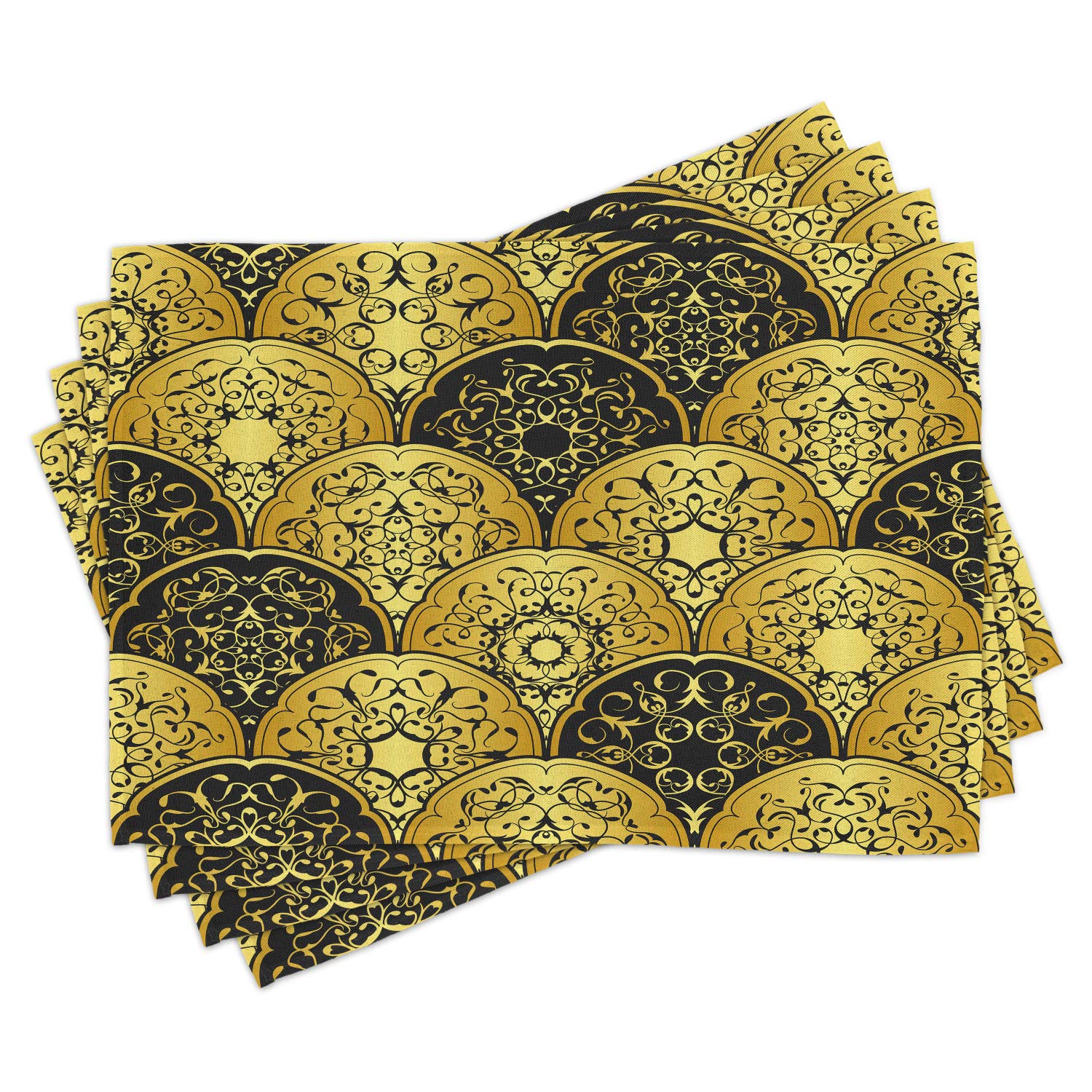 Ambesonne Mandala Place Mats Set of 4 - Round Overlapping Retro Design Washable Fabric Placemats for Dining Table & Kitchen Decor in Yellow & Black | Perfect for Boho Home Decor, Dinner Parties & Holiday Gatherings