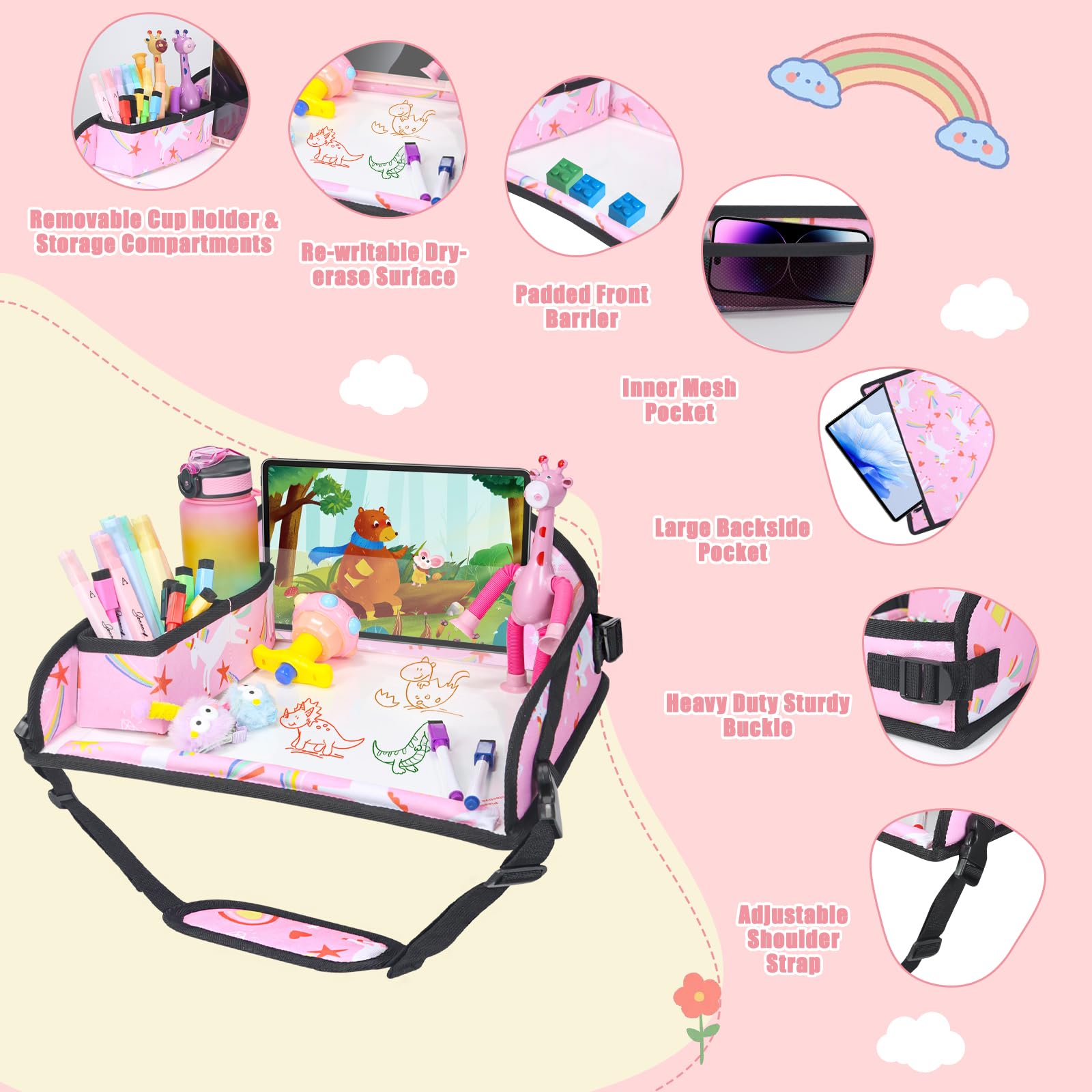 Upgraded Kids Travel Tray for Car Seat & Airplane - 2 Pack Toddler Lap Desk with Unicorn Design, Portable Table Tray for Road Trips & Flights | Perfect for Eating, Drawing & Playing During Travel (Pink Unicorn)