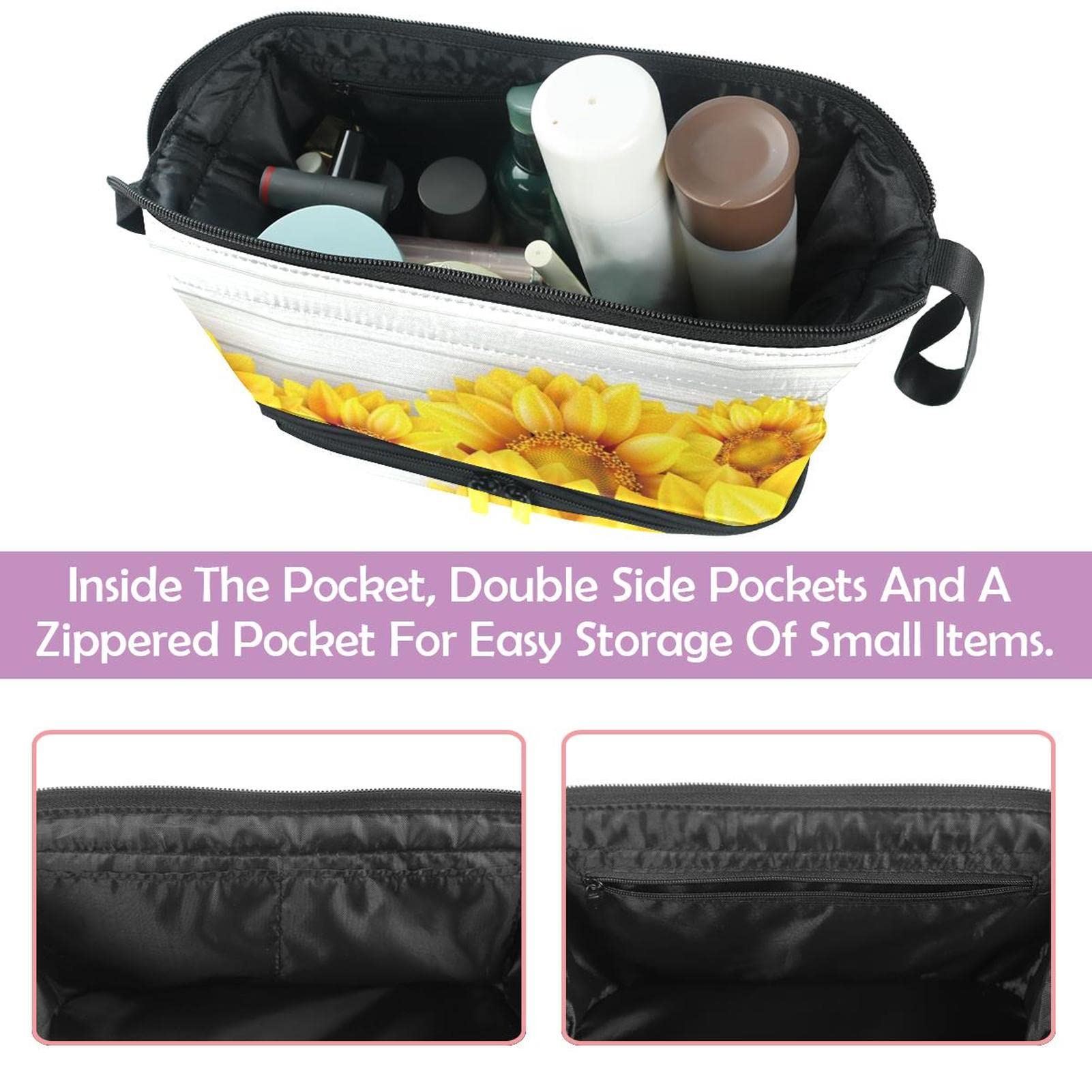 Large Travel Cosmetic Bag for Women - Wood & Sunflower Pattern Makeup Organizer Toiletry Pouch | Perfect for Vacation, Gym, and Daily Essentials Storage