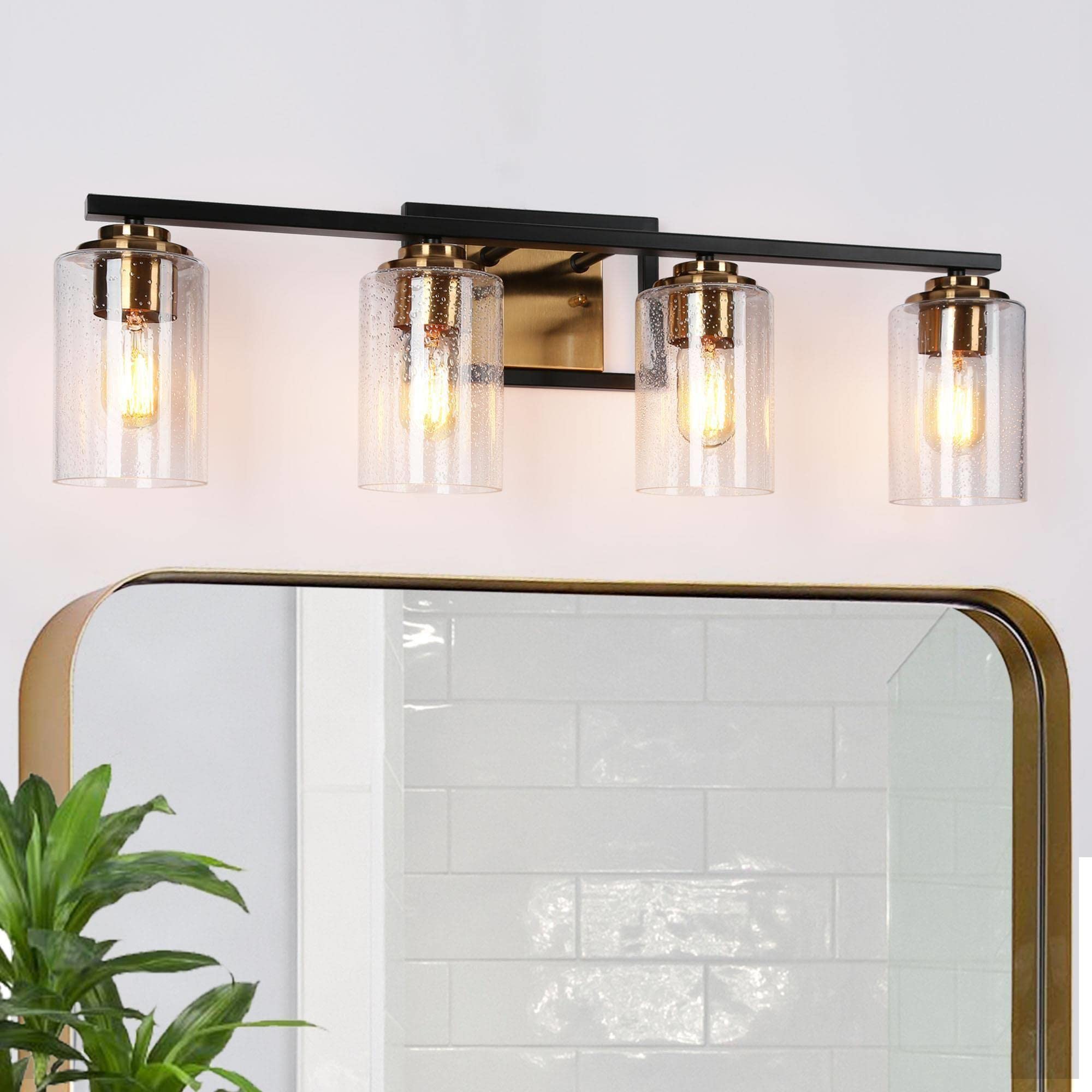 ZEVNI Modern Bathroom Vanity Light Fixture - 4-Light Black Gold Wall Sconce with Seeded Glass Shades for Mirror Lighting, 28