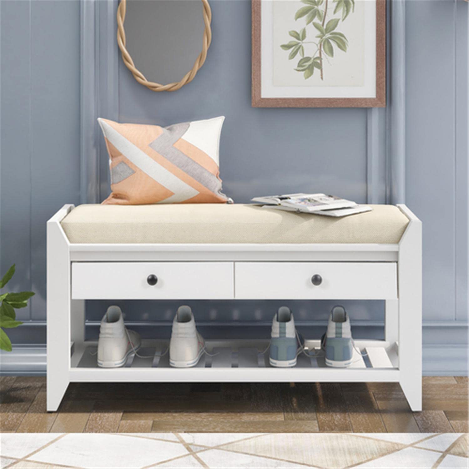 White Wooden Shoe Storage Bench with 2 Drawers & Cushioned Seat - Entryway Organizer for Shoes, Hats & Accessories | Perfect for Hallway, Mudroom or Bedroom Storage Solution