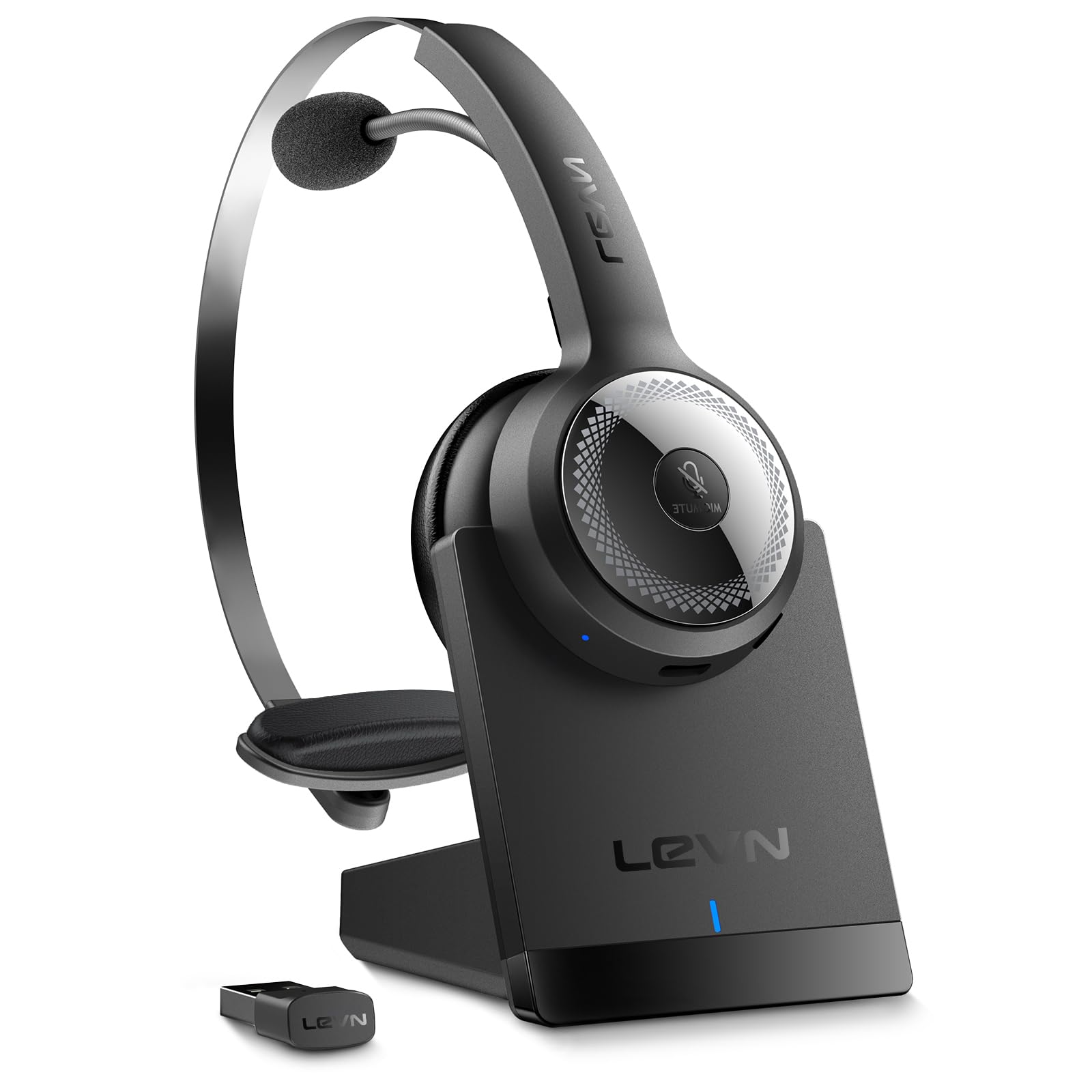 LEVN Wireless Headset with Microphone - AI Noise Cancelling Bluetooth Headphones with Charging Base, 45H Talk Time for Home Office, Call Center, PC, Laptop, Zoom Meetings | Comfortable Over-Ear Design for Long Work Sessions (Black)