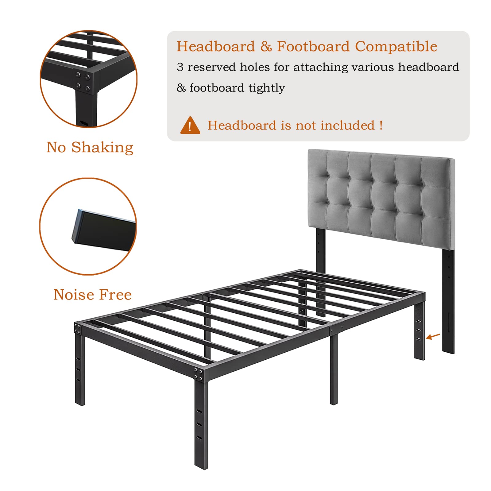 COMASACH 16 Inch Twin Bed Frame - Heavy Duty 3500 lbs Metal Platform Bed with No Box Spring Needed | Noise-Free & Non-Slip Mattress Foundation in Black | Perfect for Kids Rooms, Guest Beds & Small Spaces