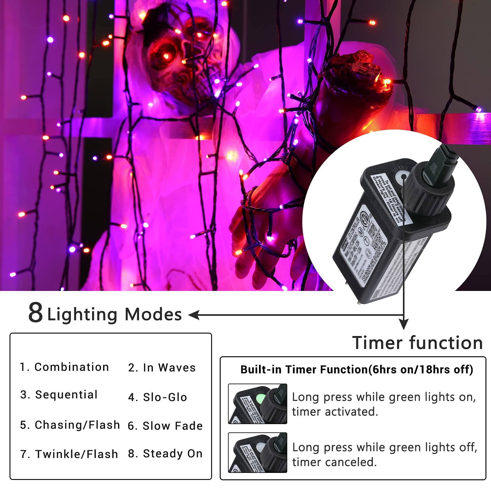 LYHOPE 98.4ft 300 LED Halloween String Lights - Orange & Purple Outdoor/Indoor Decor with 8 Lighting Modes for Garden, Patio, Party, Holiday & Christmas Decorations