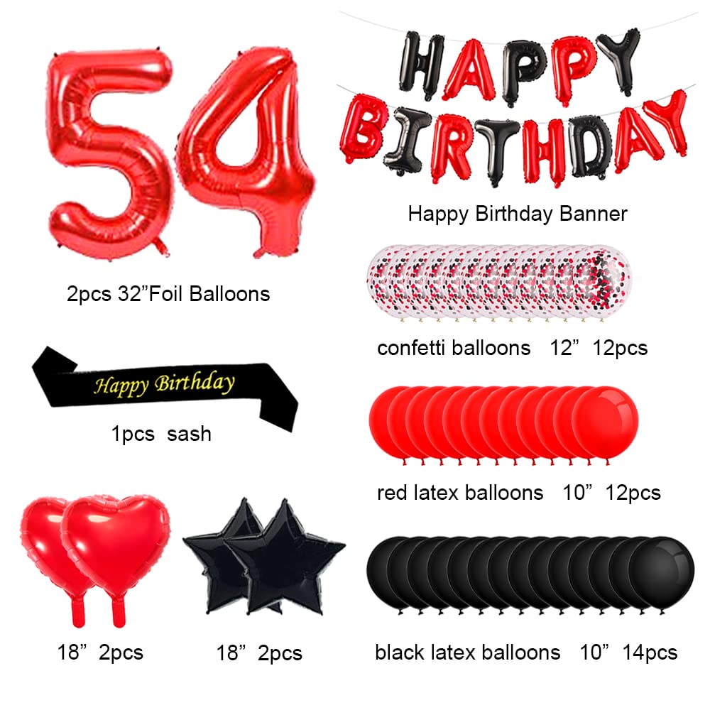 Minhero 54th Birthday Party Decorations - Red & Black Happy Birthday Banner, Number 54 Balloons, Sash with Latex & Confetti Balloons for Women's 54th or 45th Birthday Celebration - Perfect for Adult Birthday Parties, Milestone Celebrations & Surprise Decorations