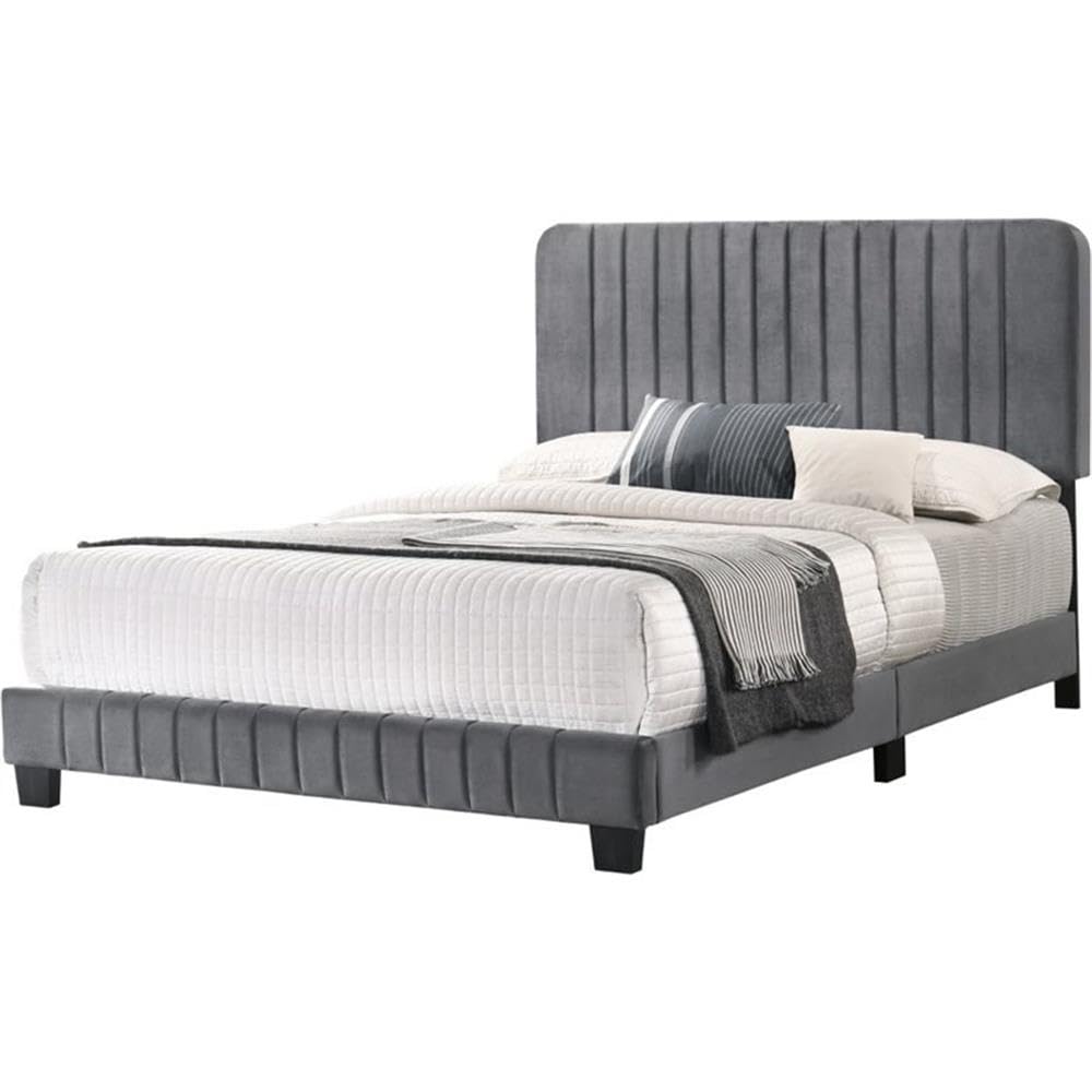 Glory Furniture Lodi Velvet Upholstered Full Size Bed Frame in Gray - Luxurious Modern Bedroom Furniture for Master Bedroom or Guest Room