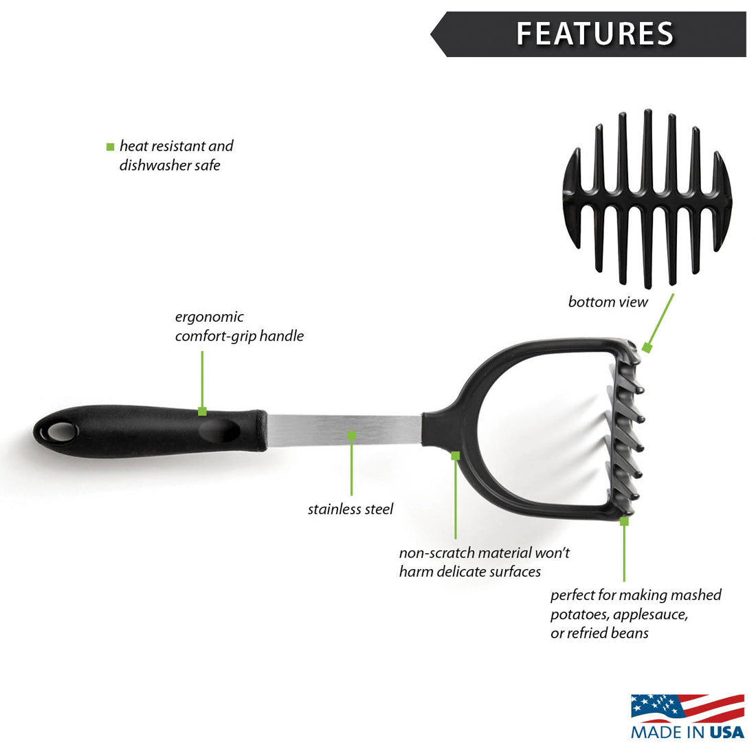 Premium Stainless Steel Potato Masher - Heavy Duty Kitchen Tool for Smooth Mashed Potatoes, Baby Food & Baking - Ergonomic Non-Slip Handle (Great for Thanksgiving, Family Dinners & Meal Prep)
