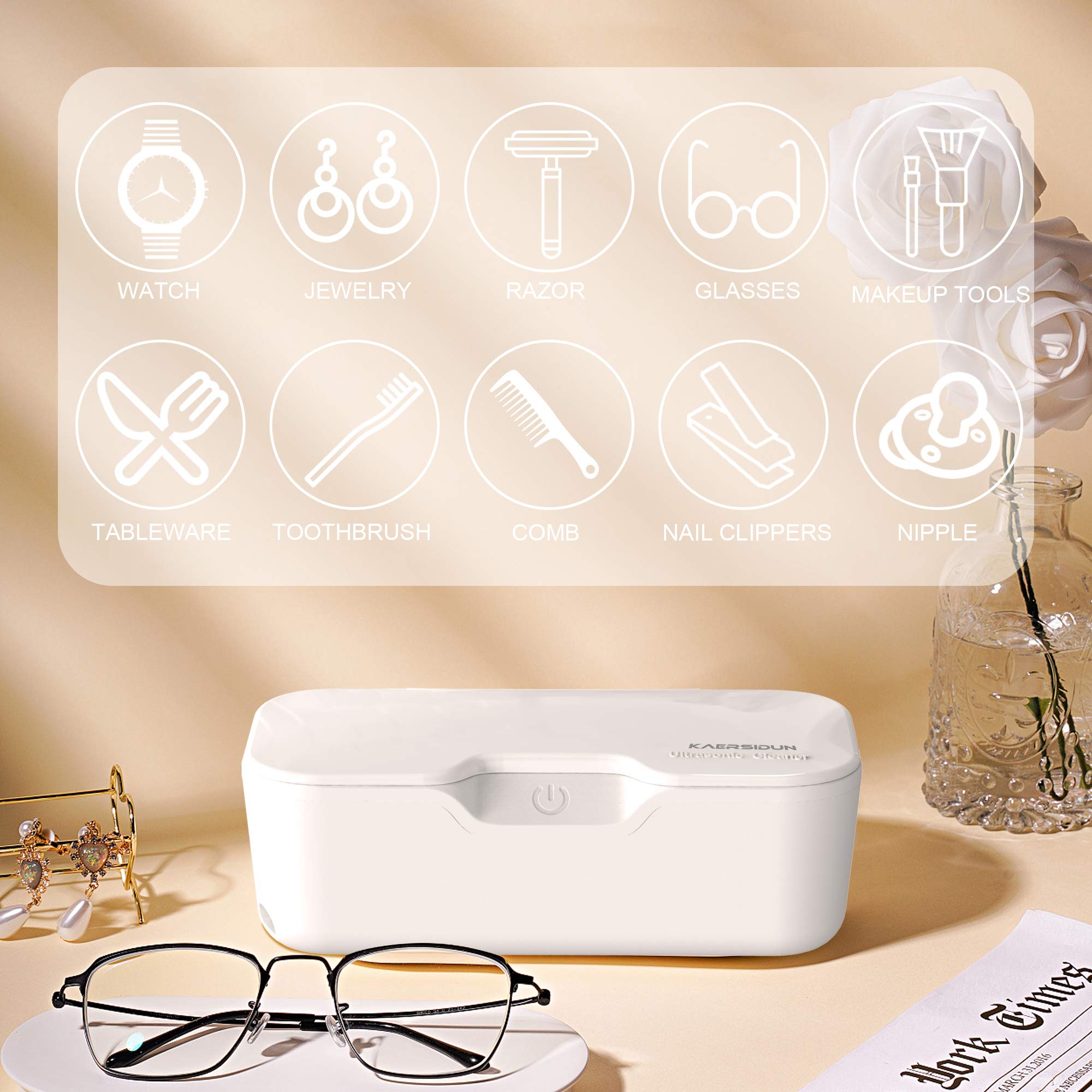 Ultrasonic Jewelry Cleaner 550ml with Stainless Steel Tank - 48KHz 25W Portable Ultrasonic Cleaner for Rings, Eyeglasses, Watches, Dentures, Makeup Brushes & Razors | Perfect for Home, Travel & Professional Use