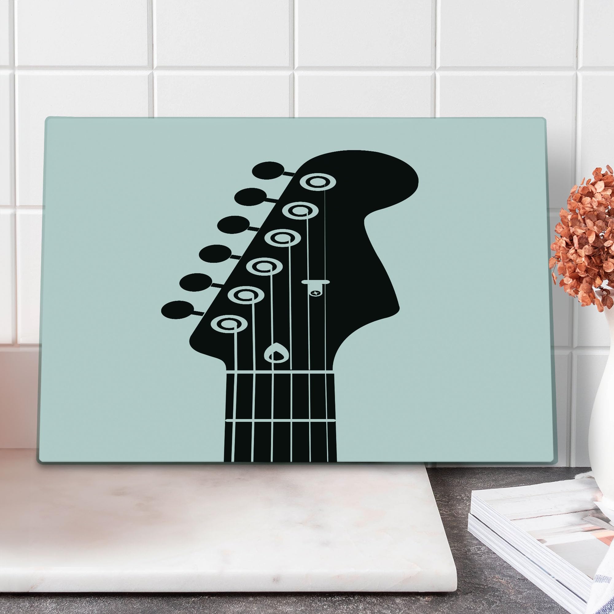 Ambesonne Guitar-Shaped Tempered Glass Cutting Board - Monochrome Half Guitar Design with Strings, Large Charcoal Grey & White Serving Board for Kitchen, Dining, and Party Decor