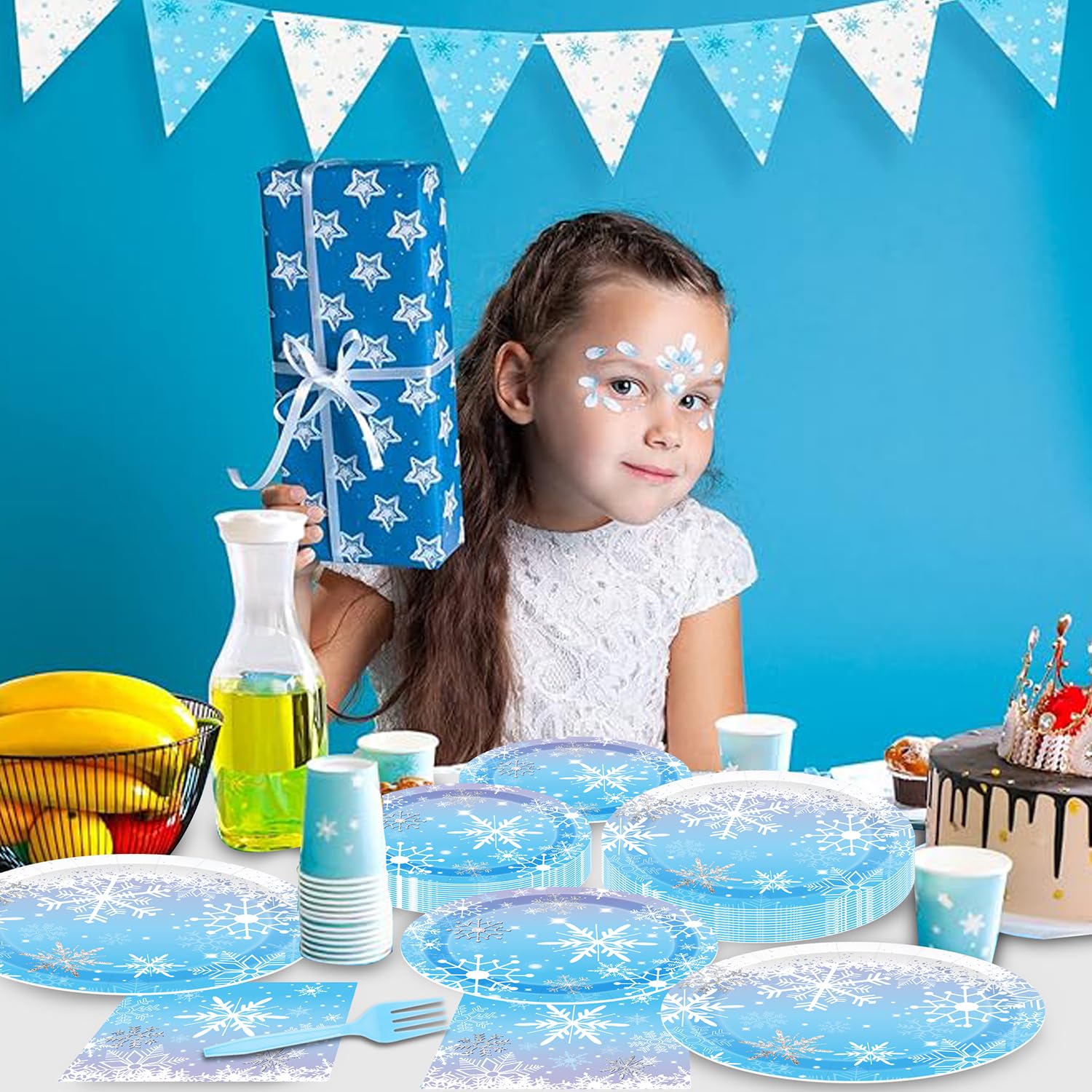 96 PCS Winter Snowflake Disposable Tableware Set - Christmas Paper Plates, Napkins, Forks for Frozen-Themed Birthday Party Decorations | Holiday Dinnerware for Winter Wonderland & Christmas Celebrations
