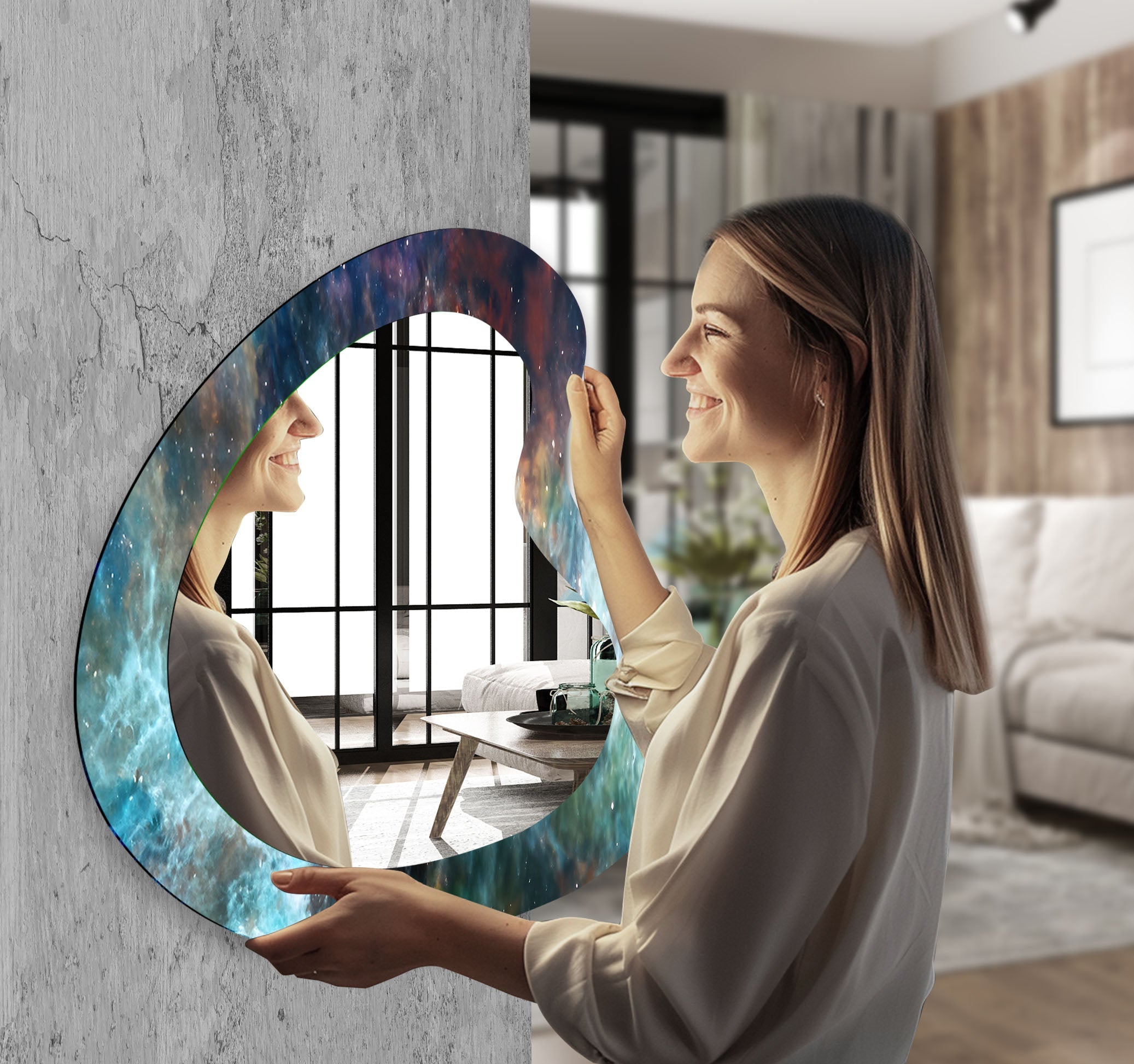 Blue Accent Abstract Irregular Wall Mirror - Modern Decorative Mirror for Living Room, Bedroom & Entryway - Unique Home Decor & Stylish Wall Art