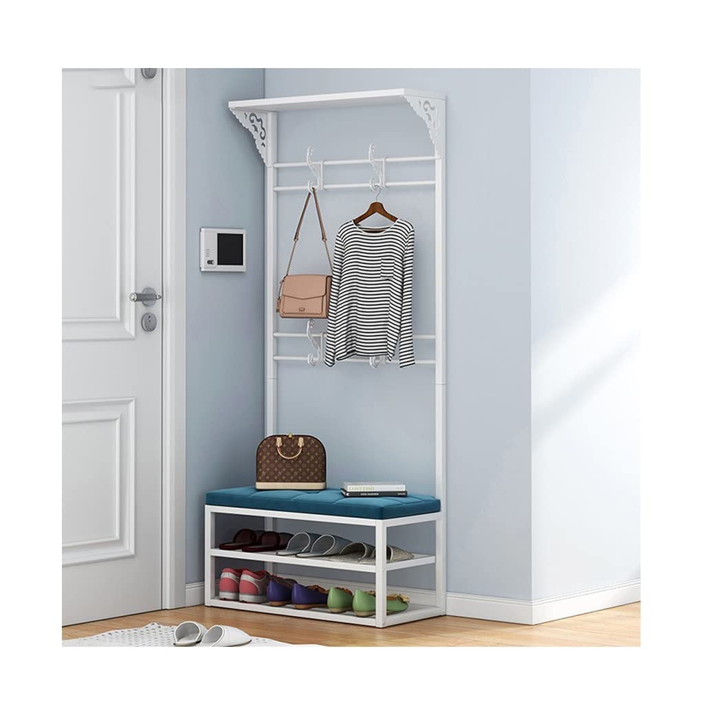 LHHL 4-in-1 Hall Tree Coat Rack with Shoe Bench - Entryway Storage Organizer with Hooks & Bottom Shelf - Industrial Metal Frame Accent Furniture for Hallway, Living Room, Foyer (60x28x171.5cm, White) - Perfect for Small Spaces & Home Organization