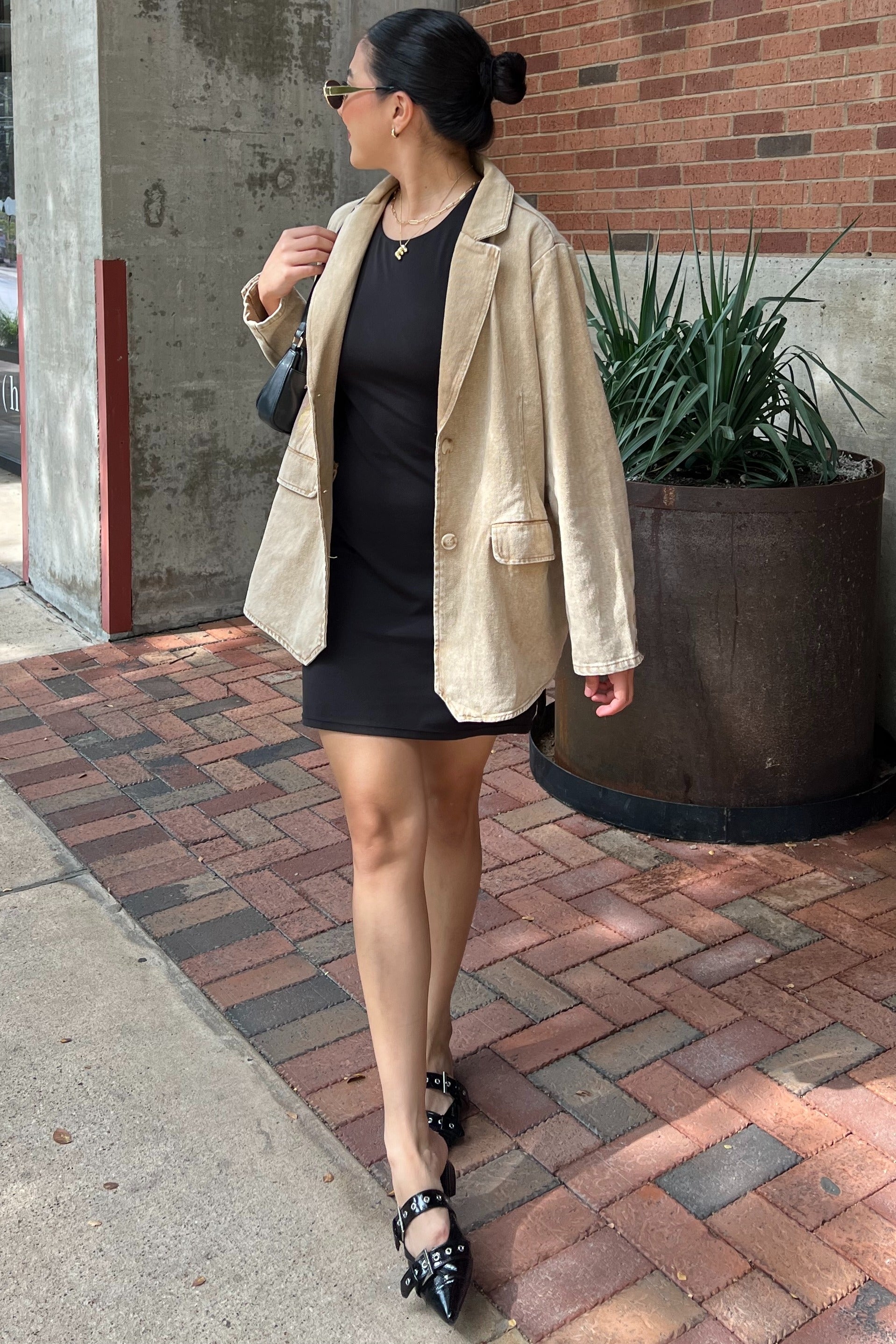 Beige Denim Maternity Blazer with Front Pockets - Stylish Pregnancy Jacket for Work, Office & Formal Occasions