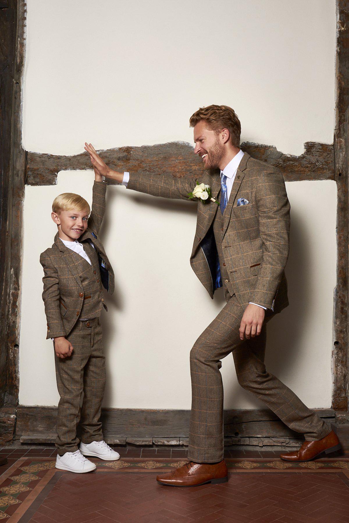 Stylish Men's TED Tan Tweed Check Three-Piece Suit Set - Perfect for Father & Son Matching Outfits, Weddings, and Formal Events