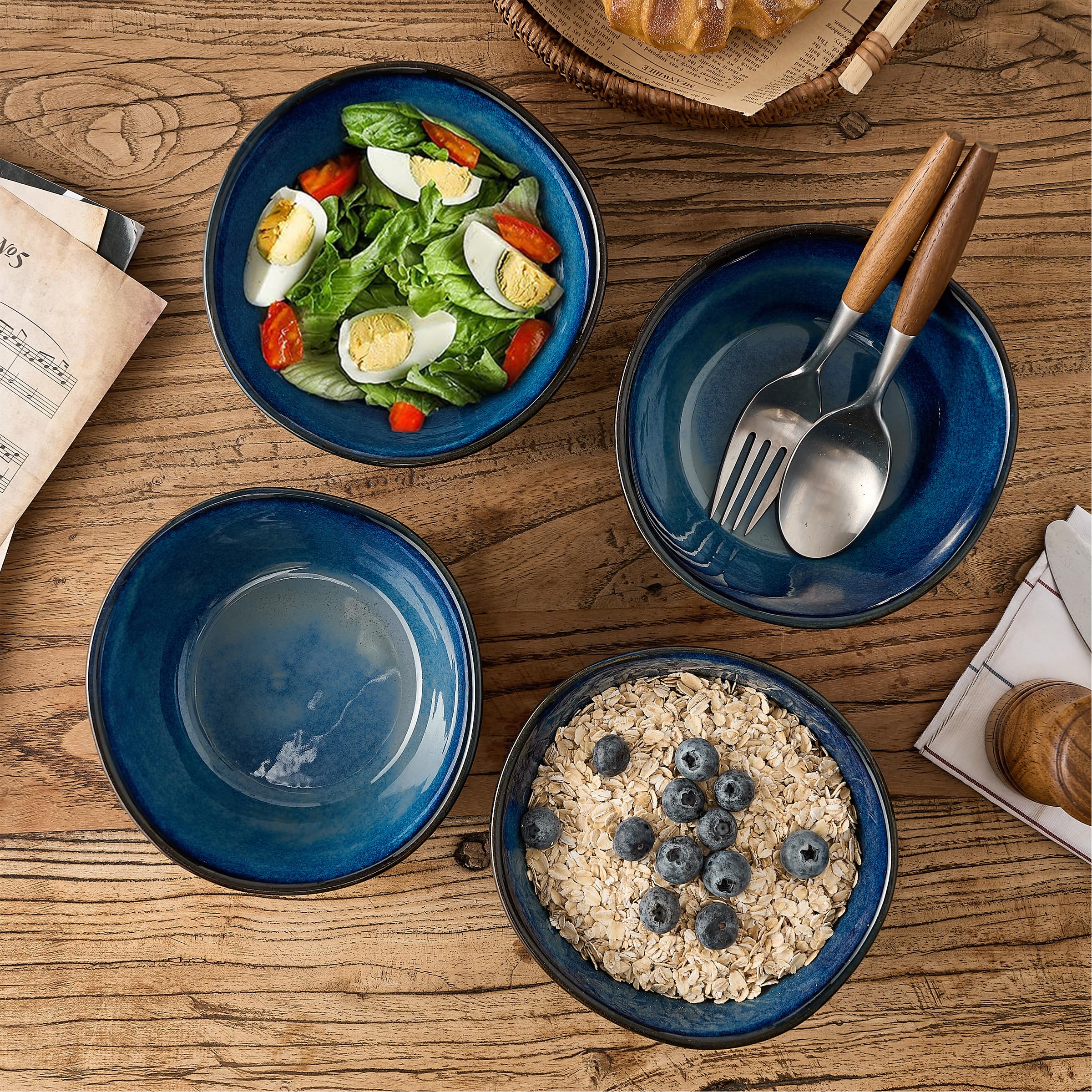 6 Inch Ceramic Soup Bowls Set of 4 - 23.7 Fl Oz Porcelain Cereal Bowls for Salad, Fruits, Dessert, Oatmeal & Ramen - Microwave, Dishwasher & Oven Safe - Wavy Design Blue Bowls - Perfect for Family Dinners, Parties & Everyday Use