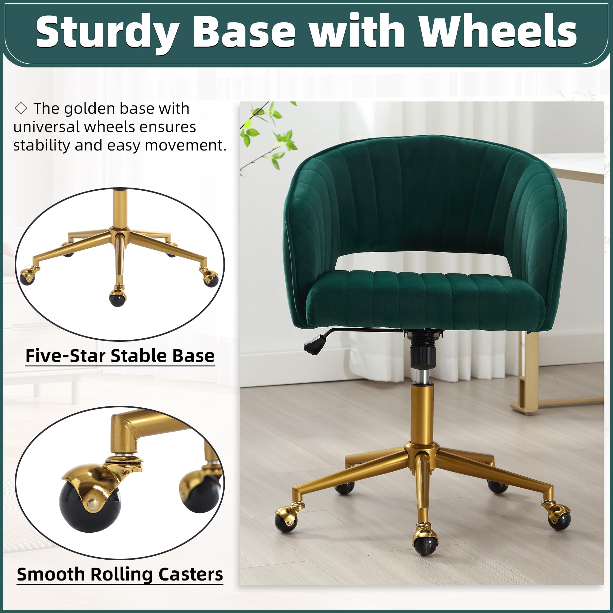 ABET Ergonomic Velvet Desk Chair with Wheels - Adjustable Swivel Office Chair with Gold Base for Home & Workspace - Modern Upholstered Armchair for Living Room, Bedroom & Vanity (Dark Green) - Perfect for Remote Work, Gaming & Study Sessions