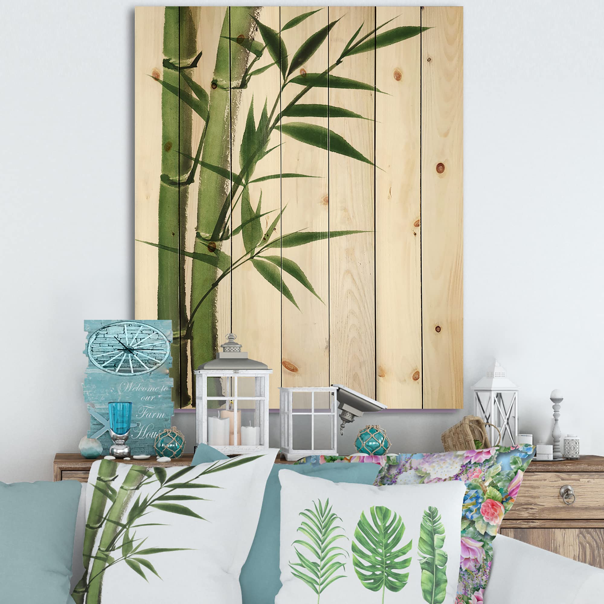 Dark Green Bamboo Traditional Wood Wall Decor - Large Floral Wood Wall Art Panels Printed on Natural Pine - Perfect for Living Room, Bedroom & Office Decor