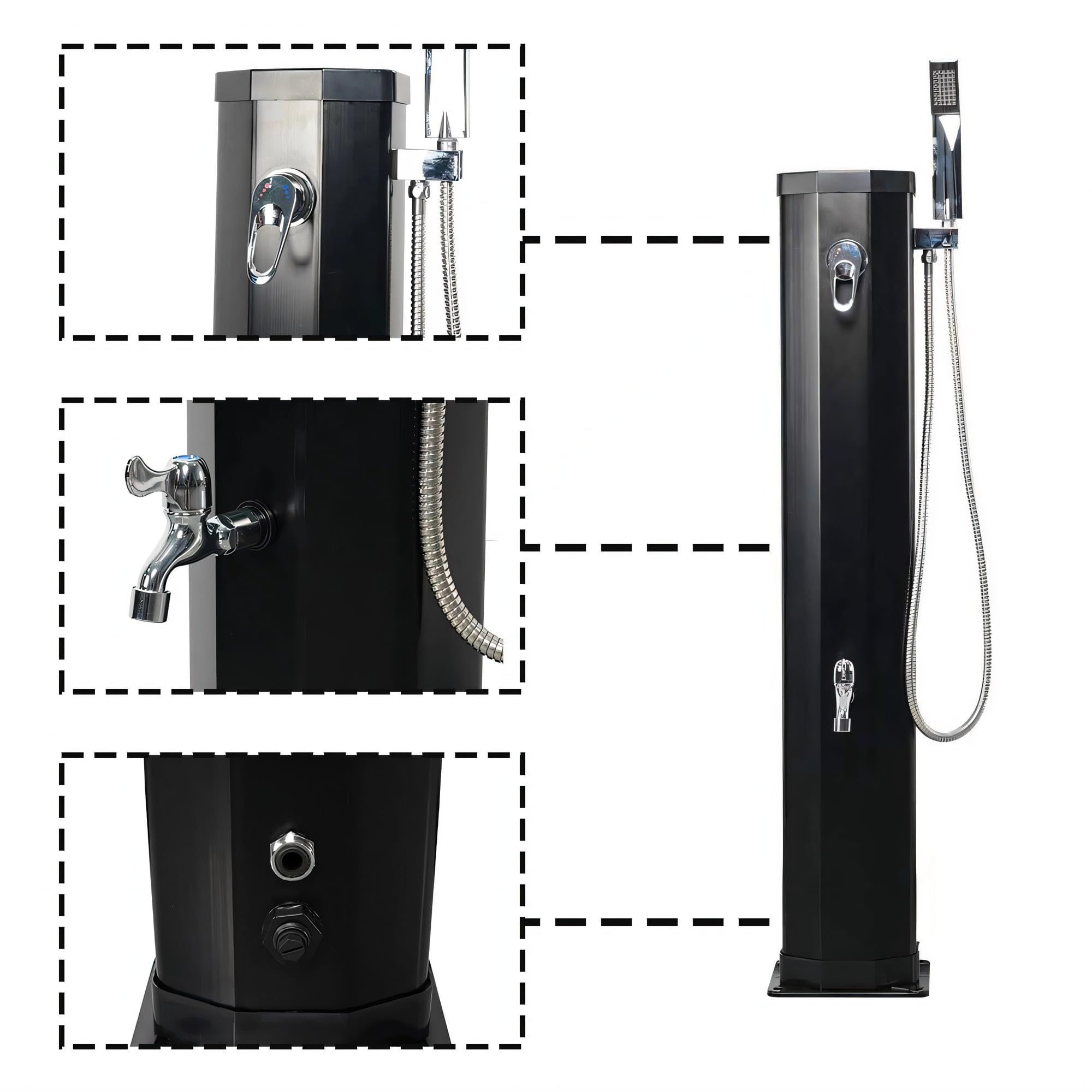 7.2 FT Outdoor Solar Heated Shower - 9.3 Gallon Portable Camping Shower with Adjustable Shower Head & Foot Tap - Perfect for Beach, Poolside, Backyard, RV and Off-Grid Living - Black