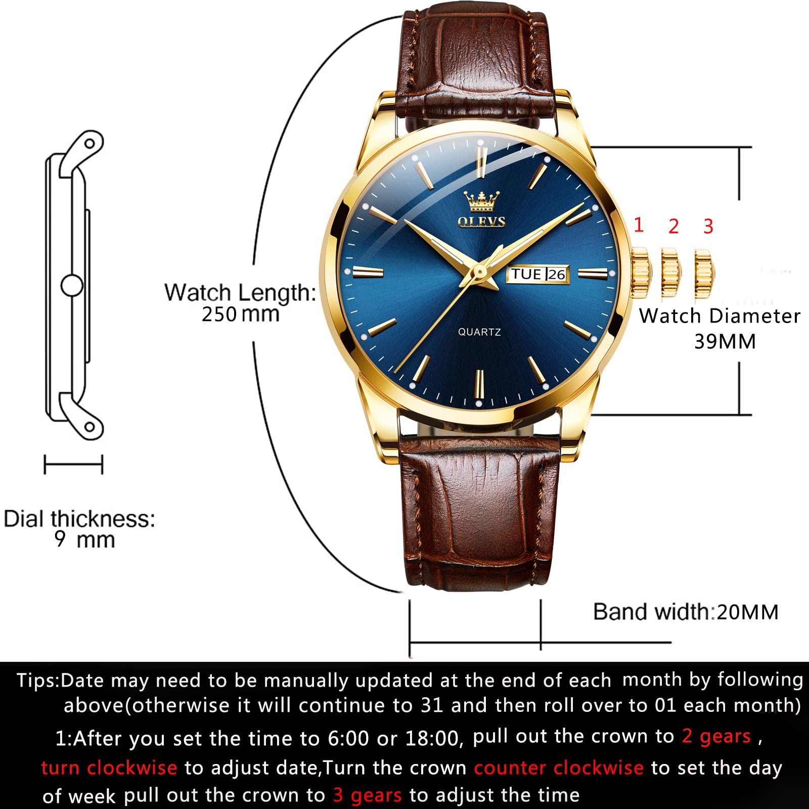 OLEVS Men's Brown Leather Watch with Luminous Hands, Rose Gold Case, Day Date Display - Waterproof Quartz Dress Watch for Business, Casual & Formal Occasions