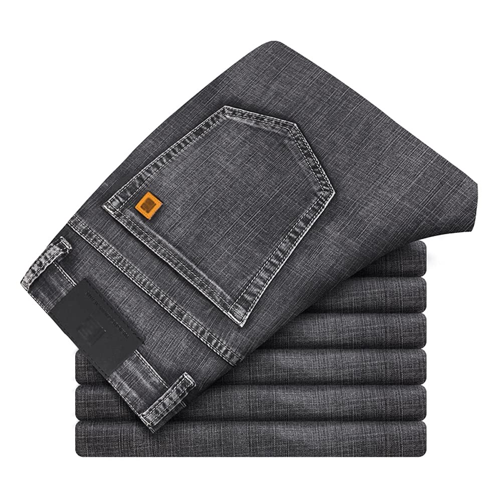 KJHD Classic Men's Stretch Straight Jeans - Loose Fit Cotton Denim Pants with Leather Pocket Trim (Smoke Grey, Size 42) | Casual Wear & Office Style